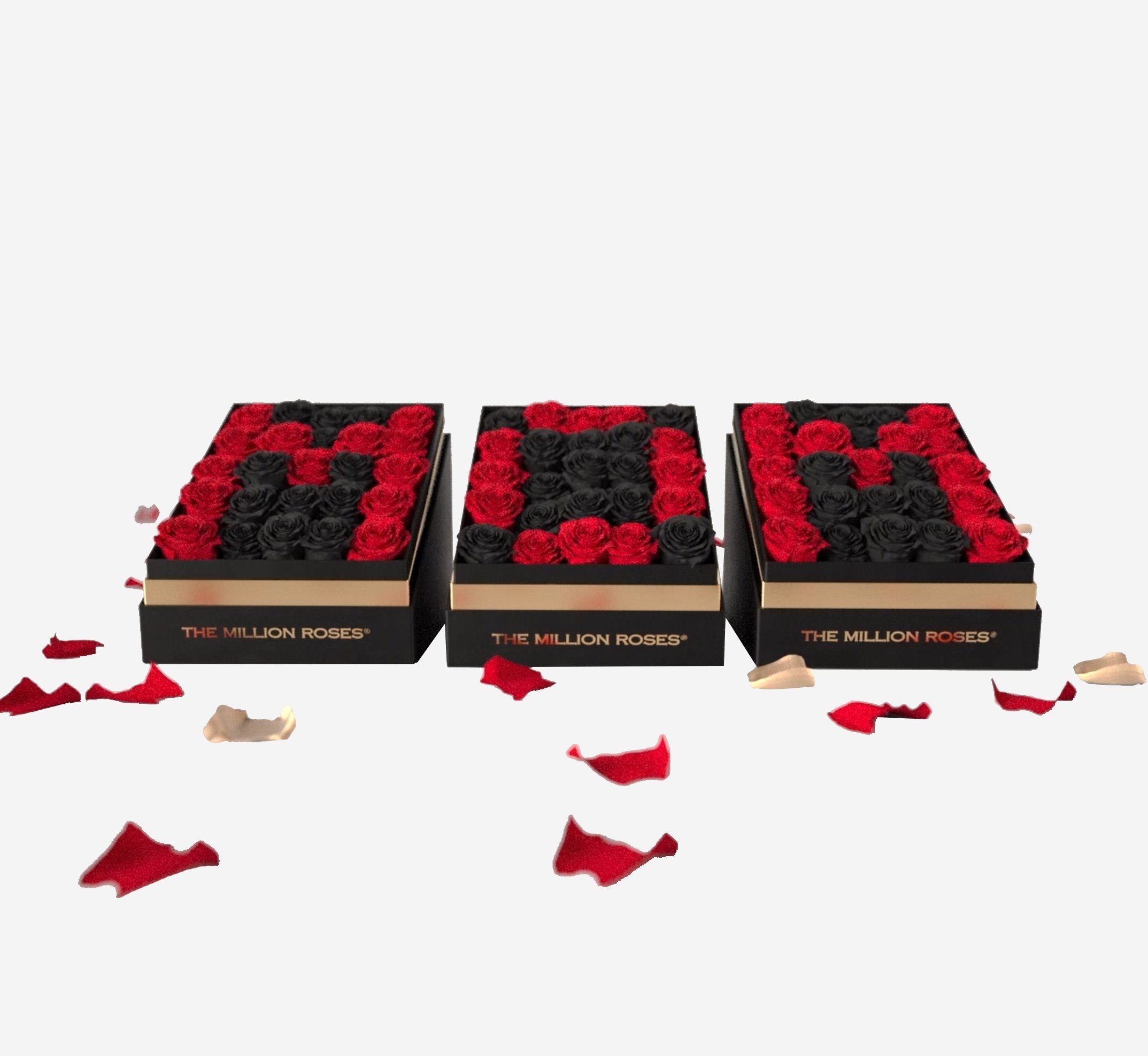 Set of 3 Square Black Boxes | Black & Red Roses | MOM - The Million Roses