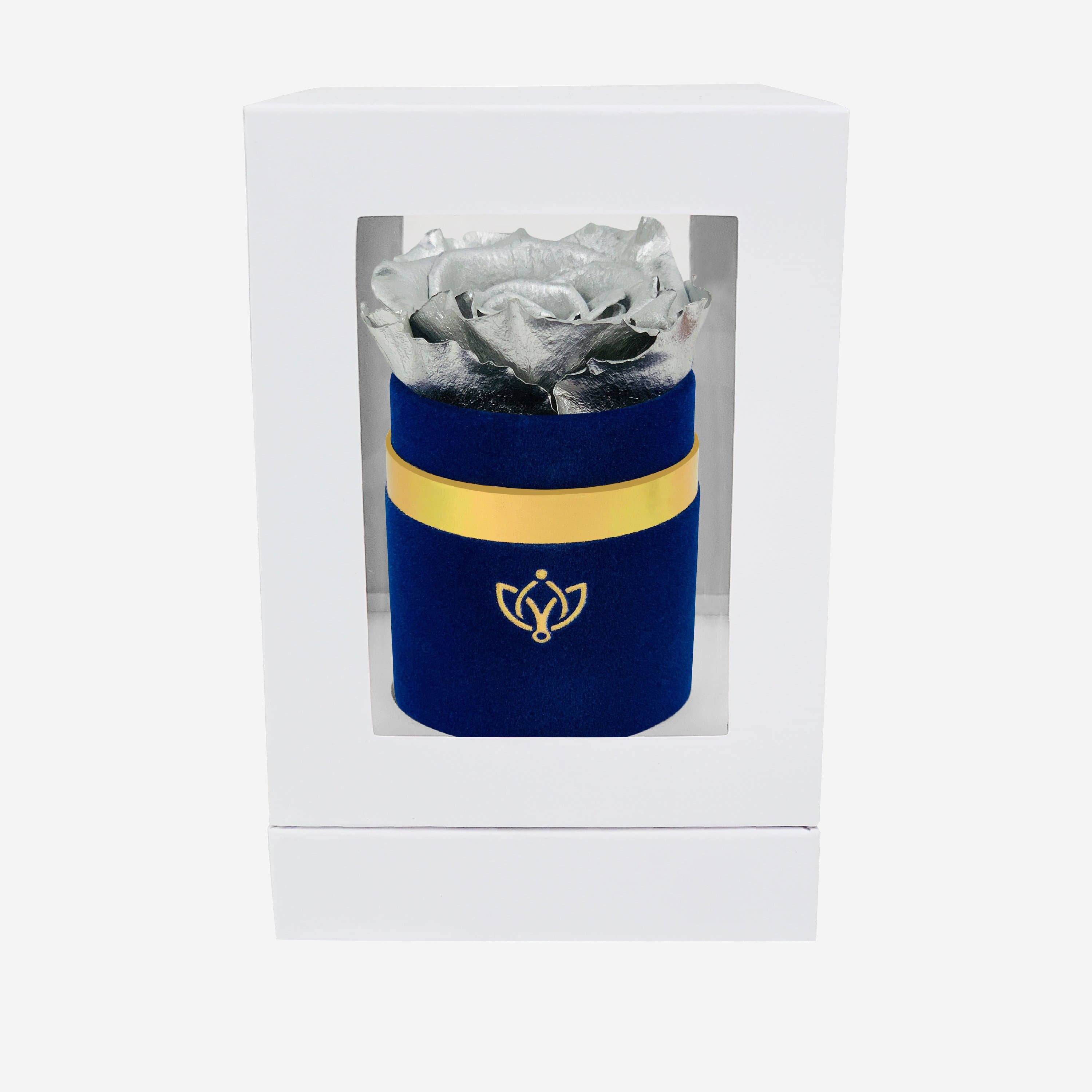 Single Royal Blue Suede Box | Silver Rose - The Million Roses