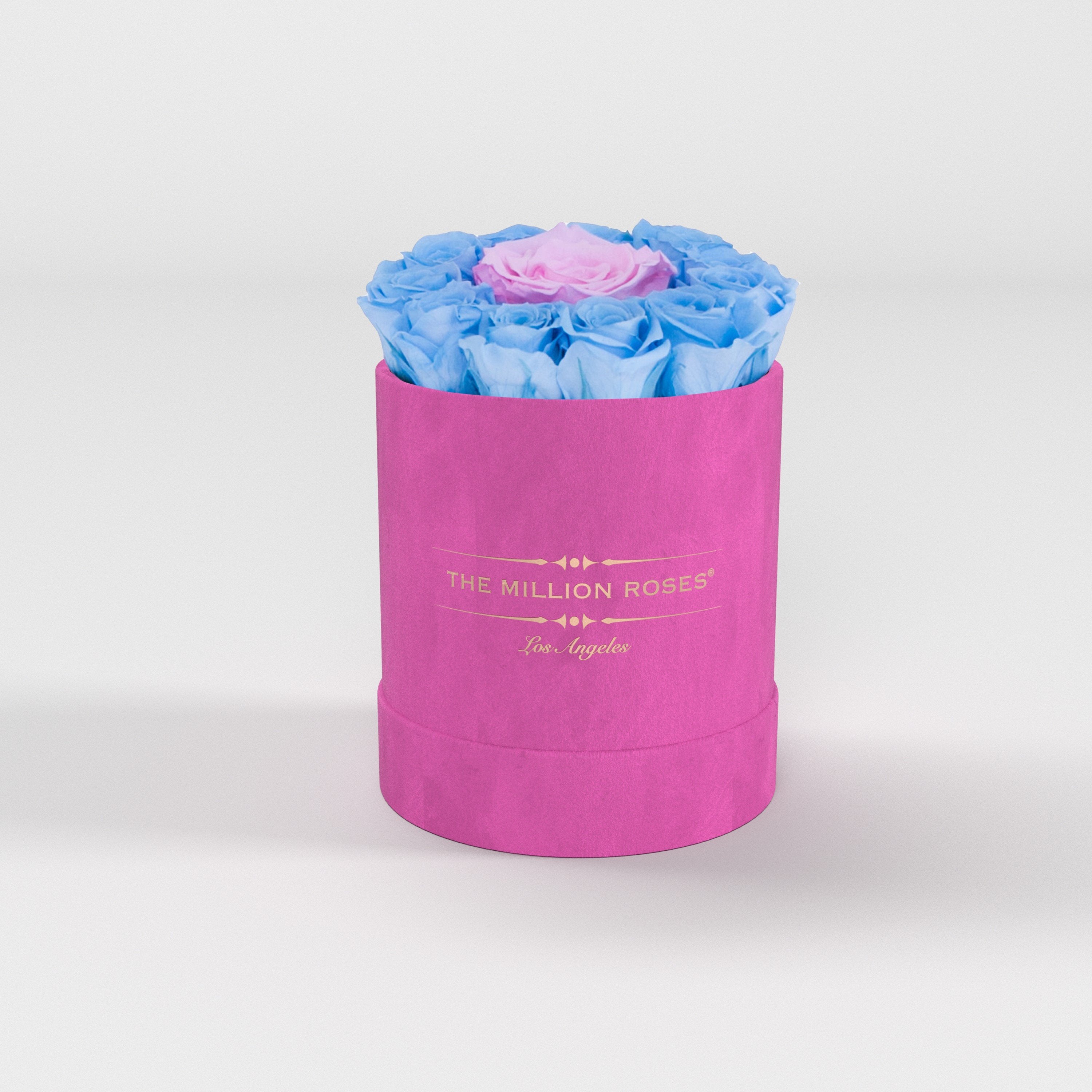 basic round box - hot-pink suede (LA) light-blue mini + 1 rose in middle blue roses - the million roses