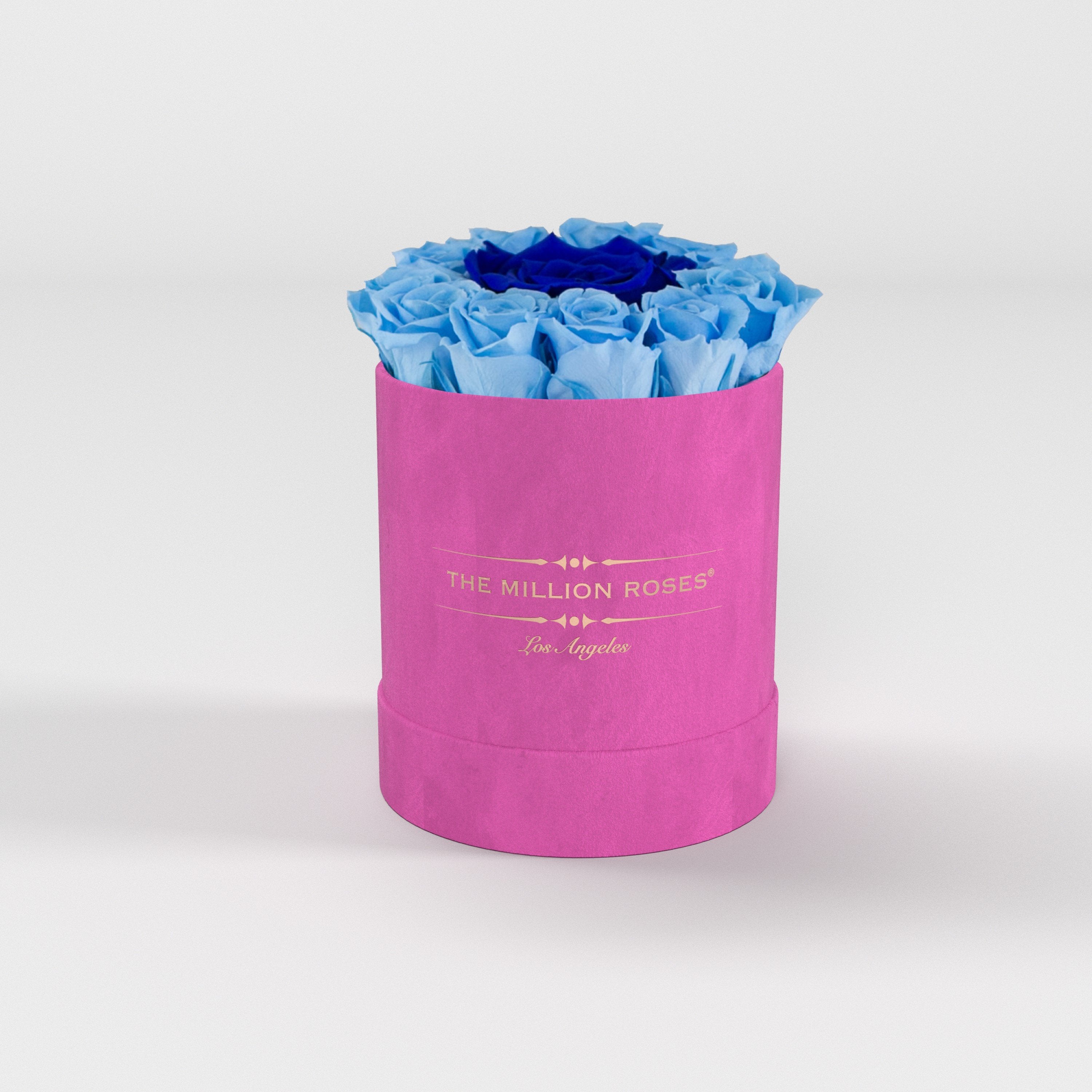 basic round box - hot-pink suede (LA) light-blue mini + 1 rose in middle blue roses - the million roses