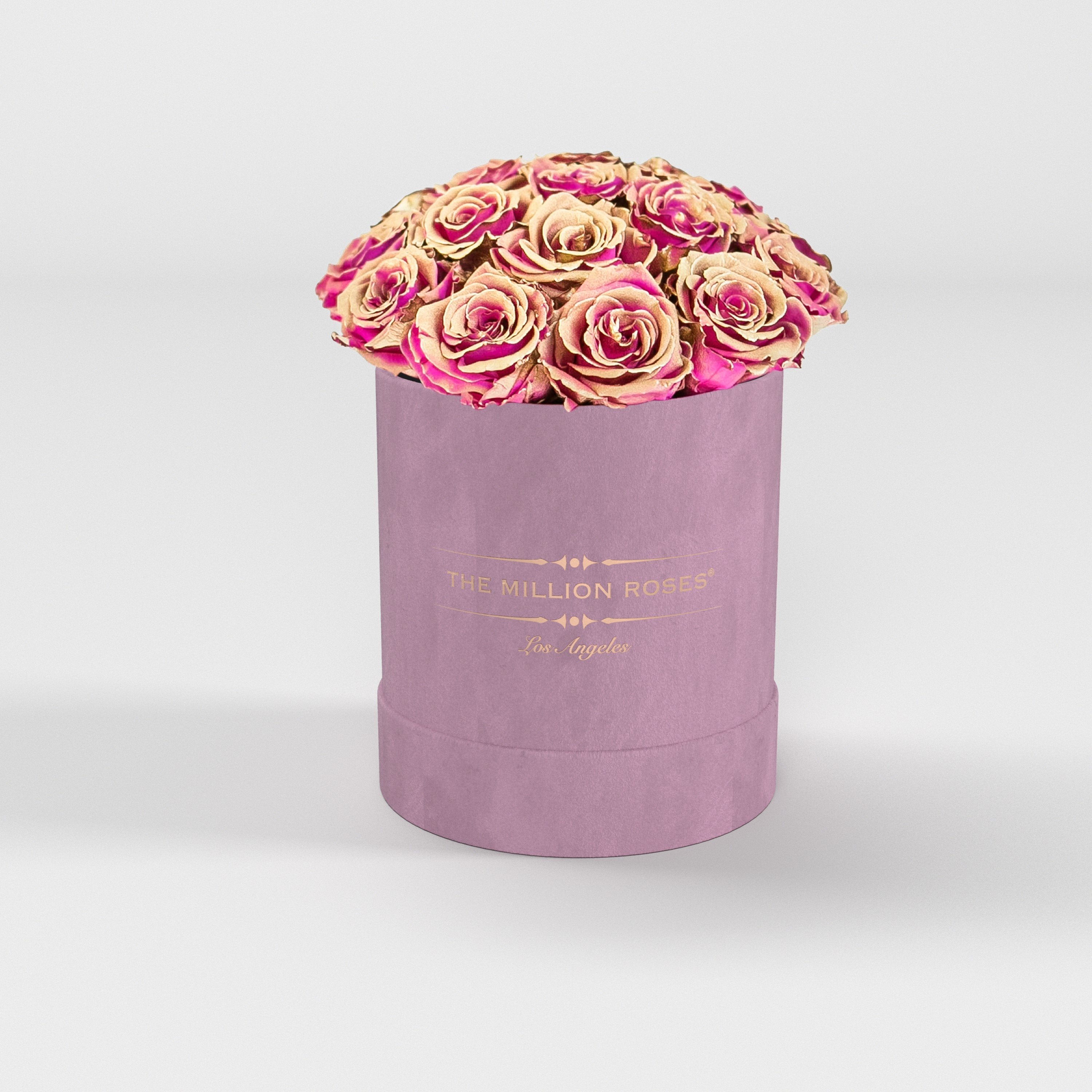 basic round box - light-pink suede box - neon-pink/gold roses