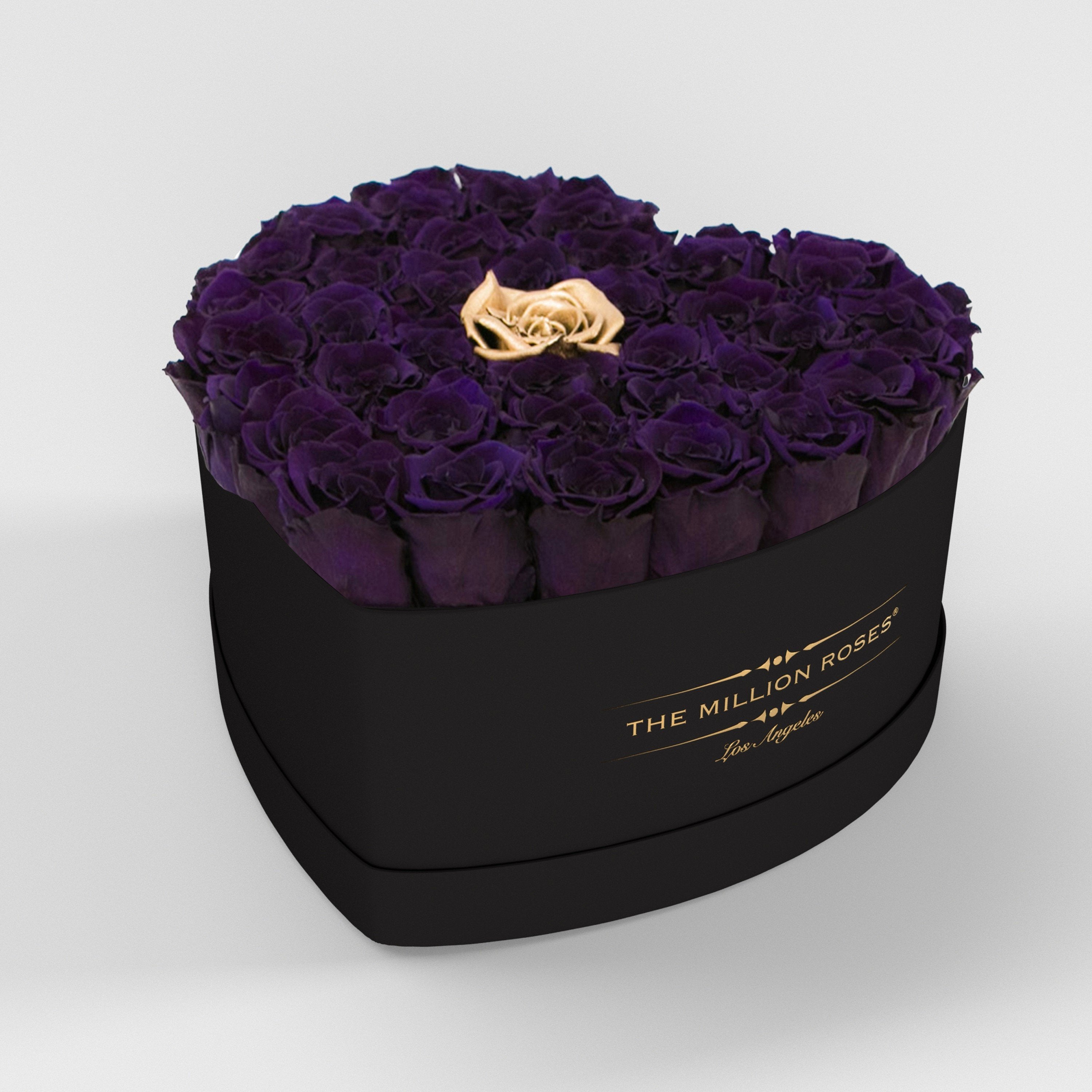 ( LA ) Black - Love Box with Dark Purple and Gold ( 1 gold in middle ) Roses Kit - the million roses