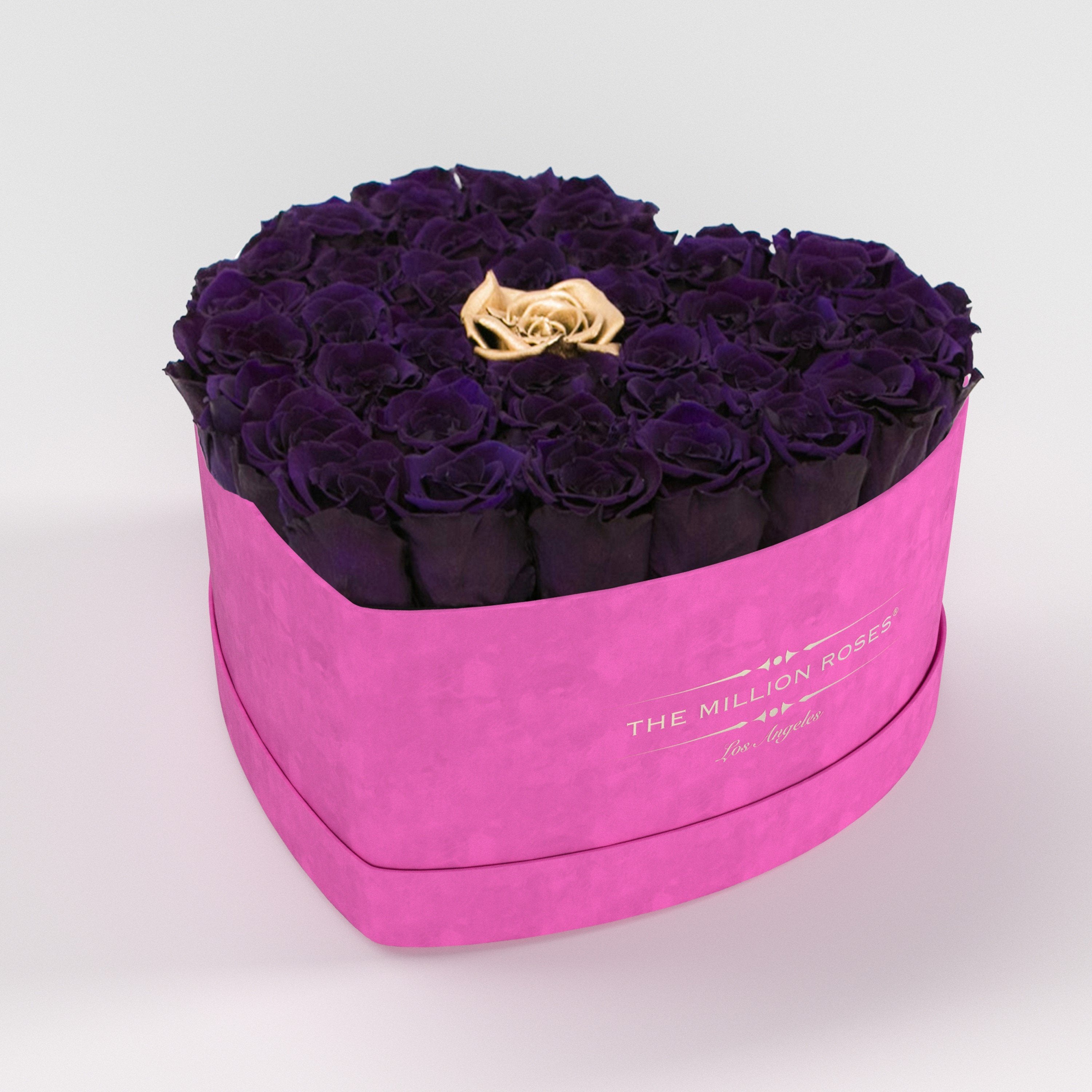 ( LA ) Hot Pink - Suede - Love Box with Dark Purple and Gold ( 1 gold in middle ) Roses Kit - the million roses