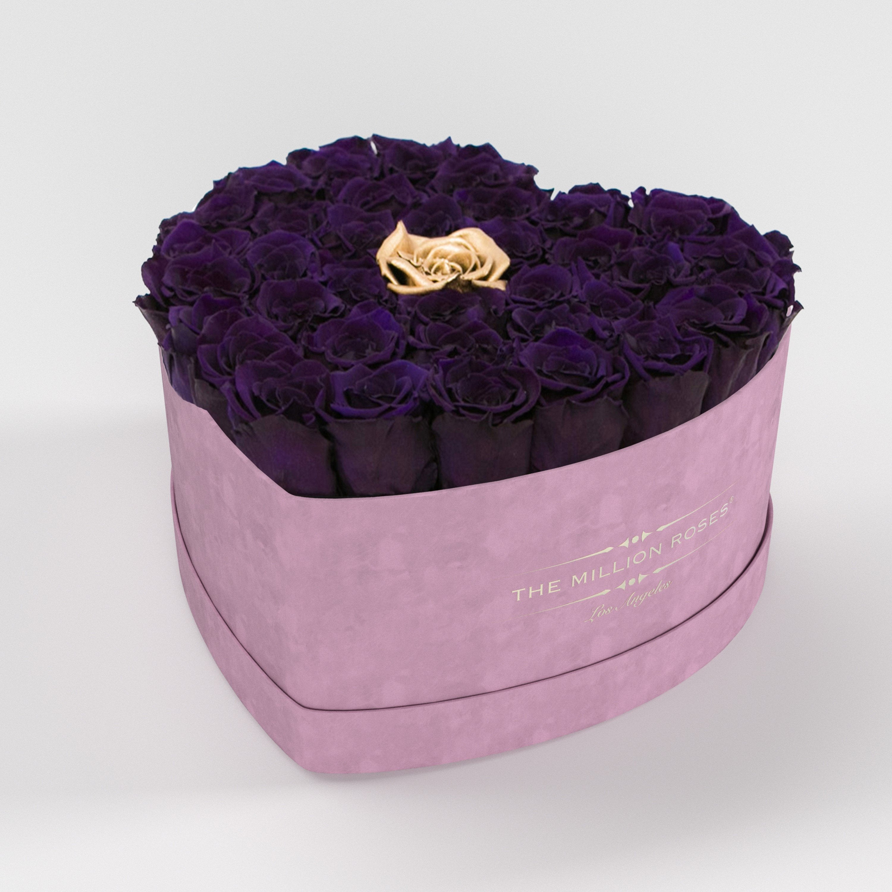 ( LA ) Light Pink - Suede - Love Box with Dark Purple and Gold ( 1 gold in middle ) Roses Kit - the million roses