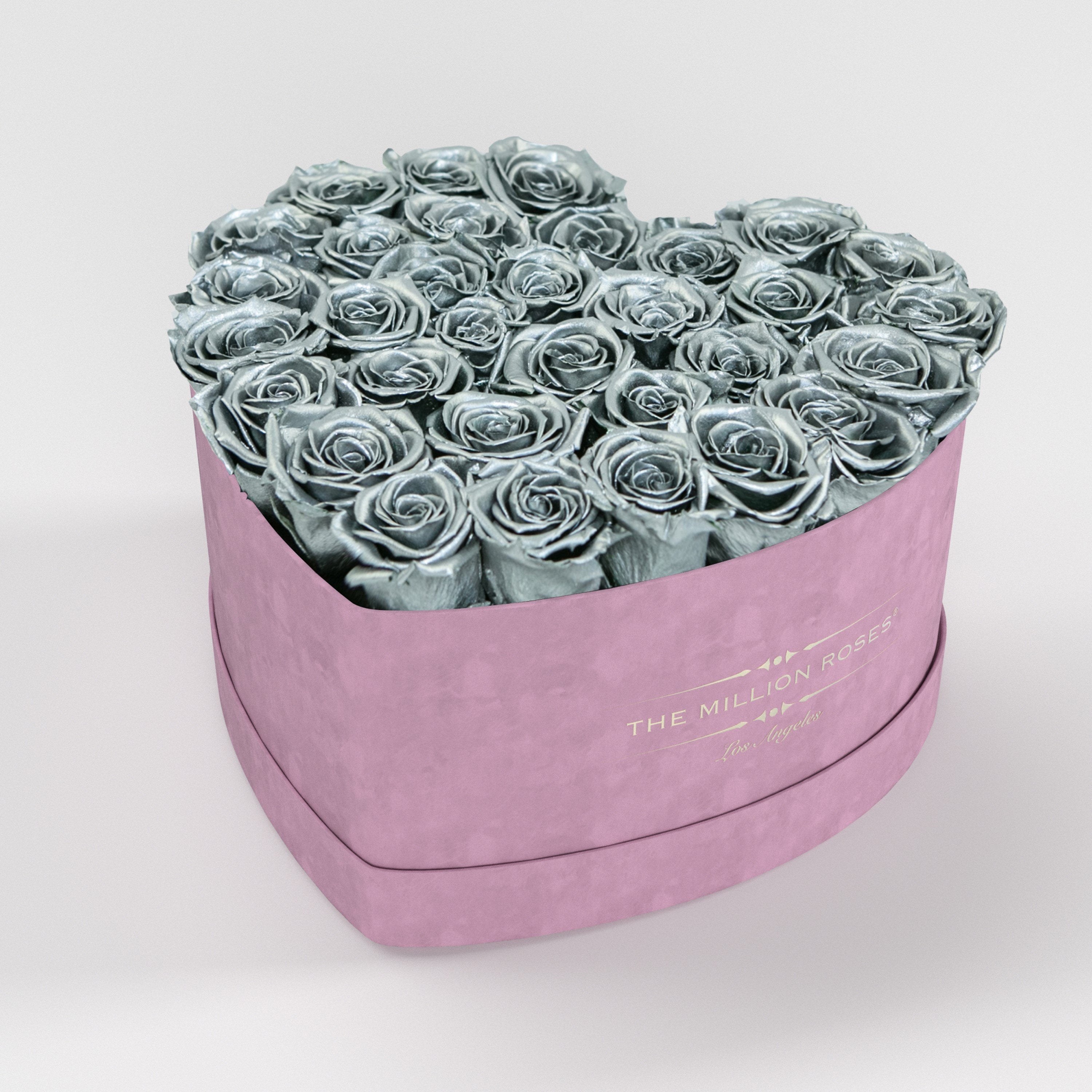 ( LA ) Light Pink - Suede - Love Box with Silver Roses Kit - the million roses