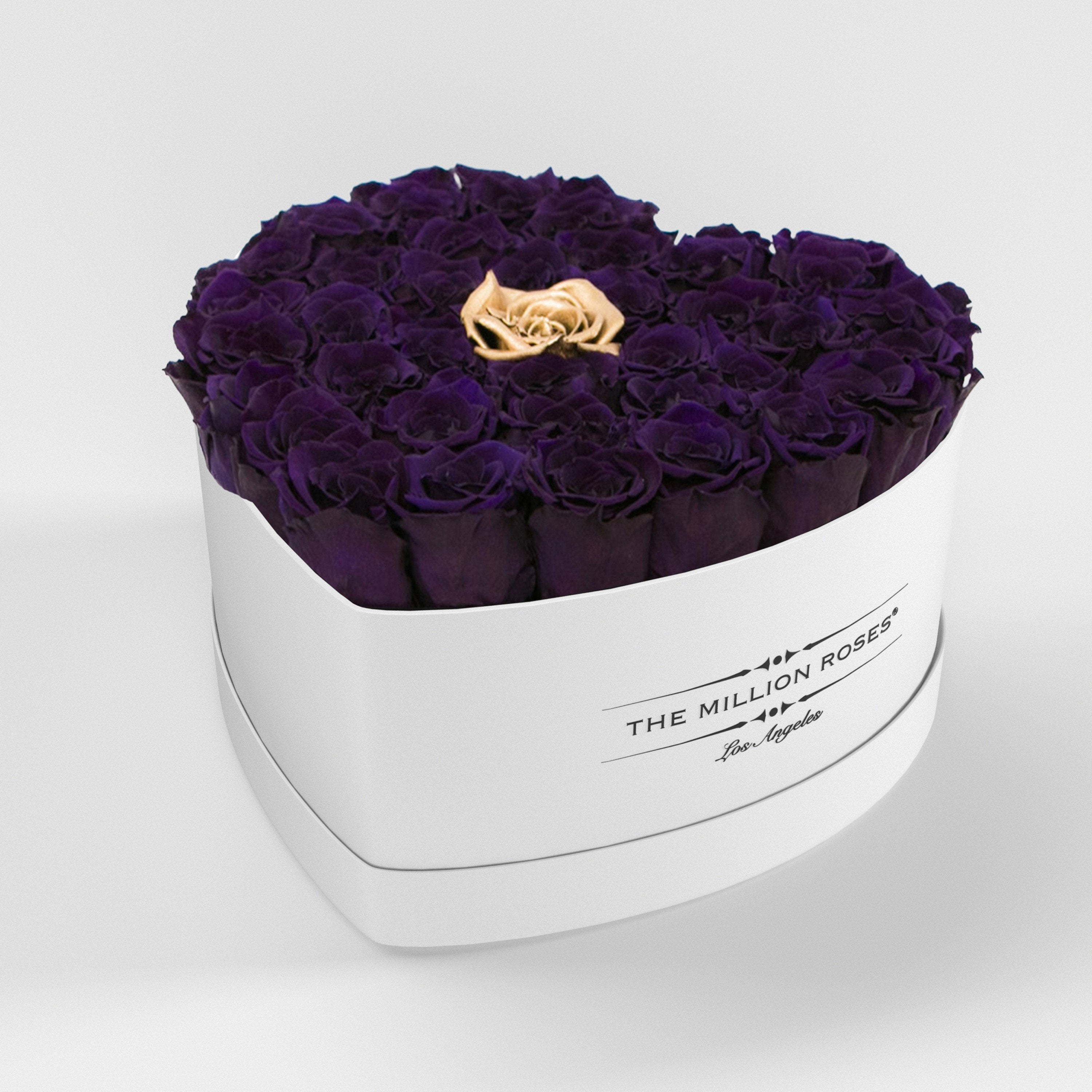 ( LA ) White - Love Box with Dark Purple and Gold ( 1 gold in middle ) Roses Kit - the million roses