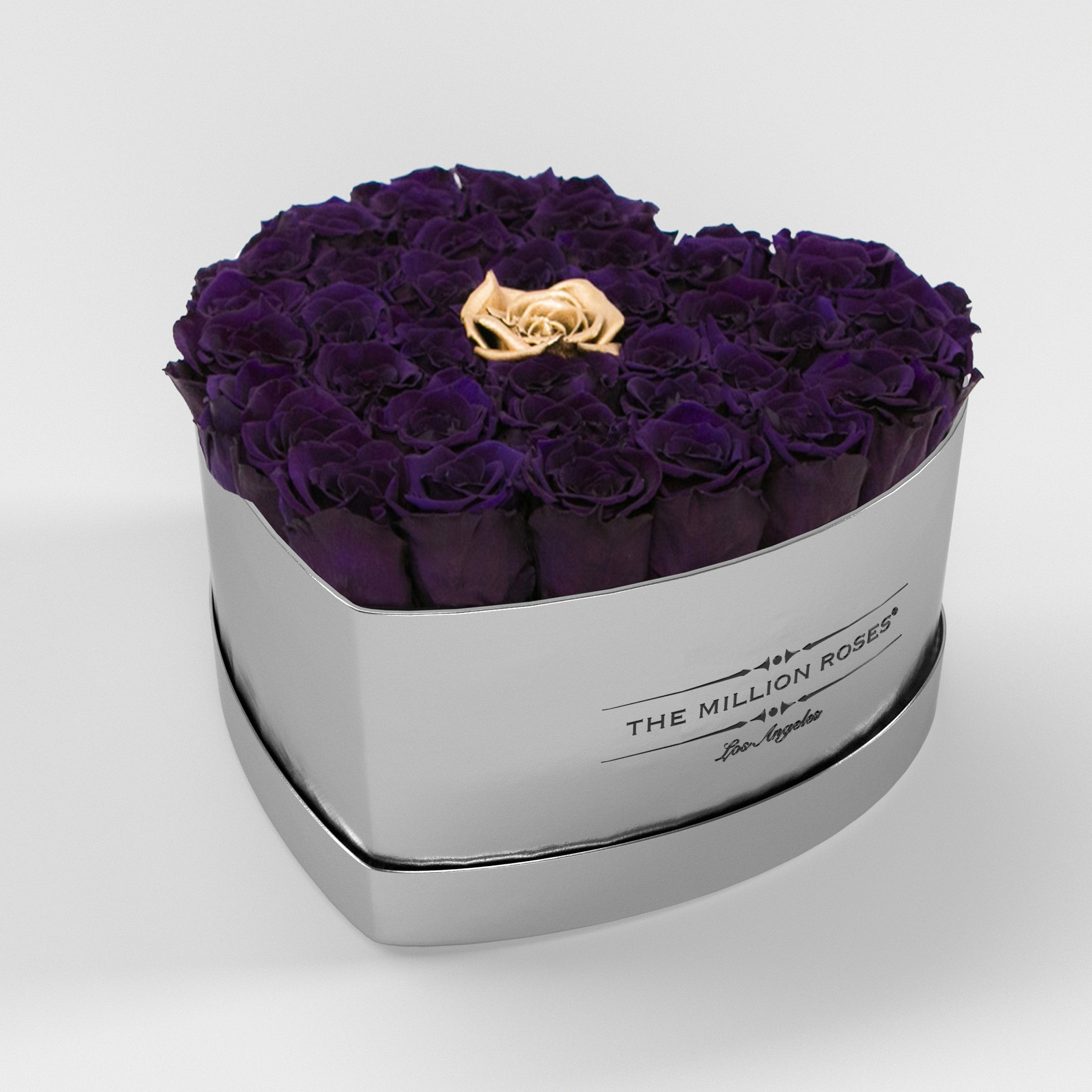 ( LA ) Silver - Love Box with Dark Purple and Gold ( 1 gold in middle ) Roses