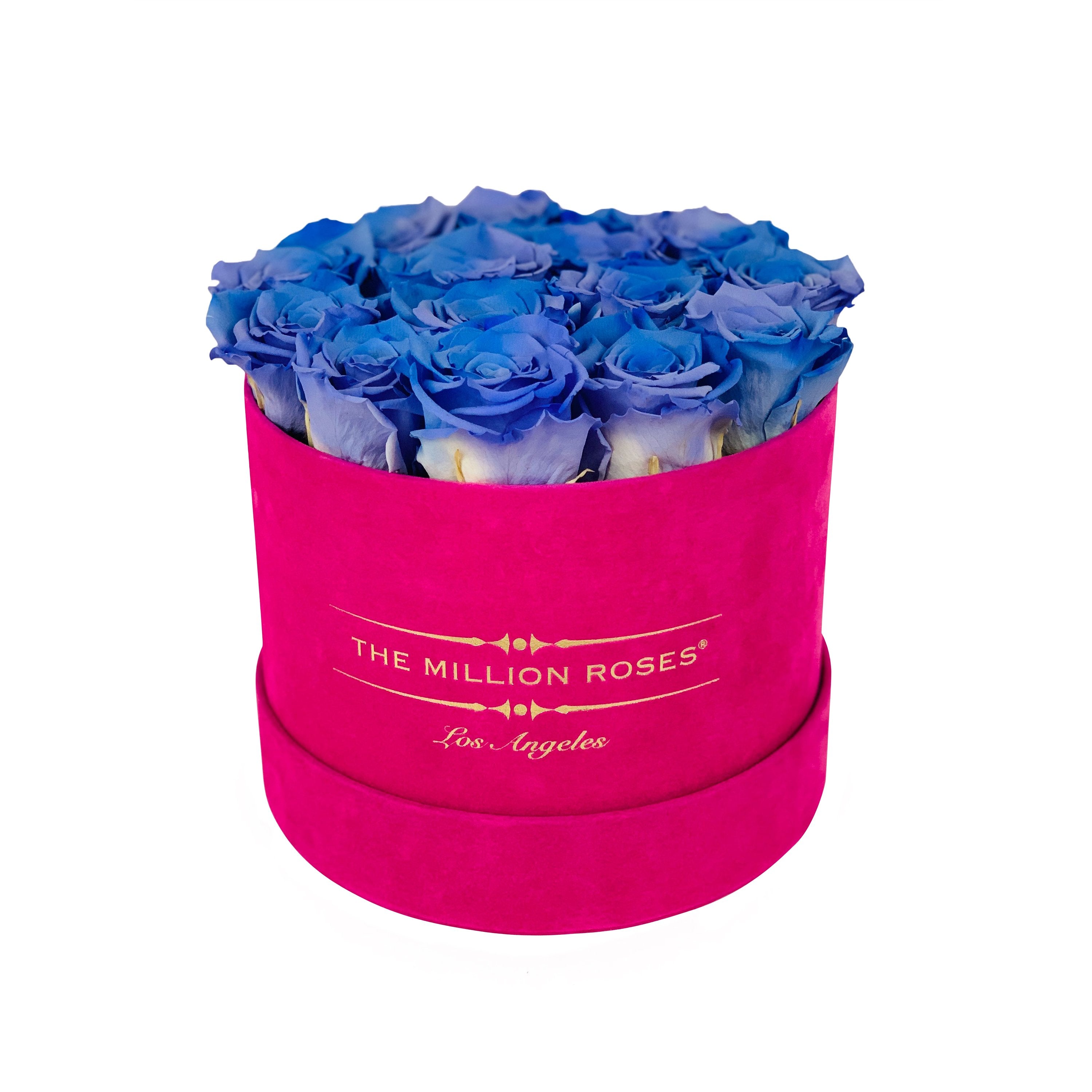 classic round box - hot-pink suede box - Violet Rainbow Roses