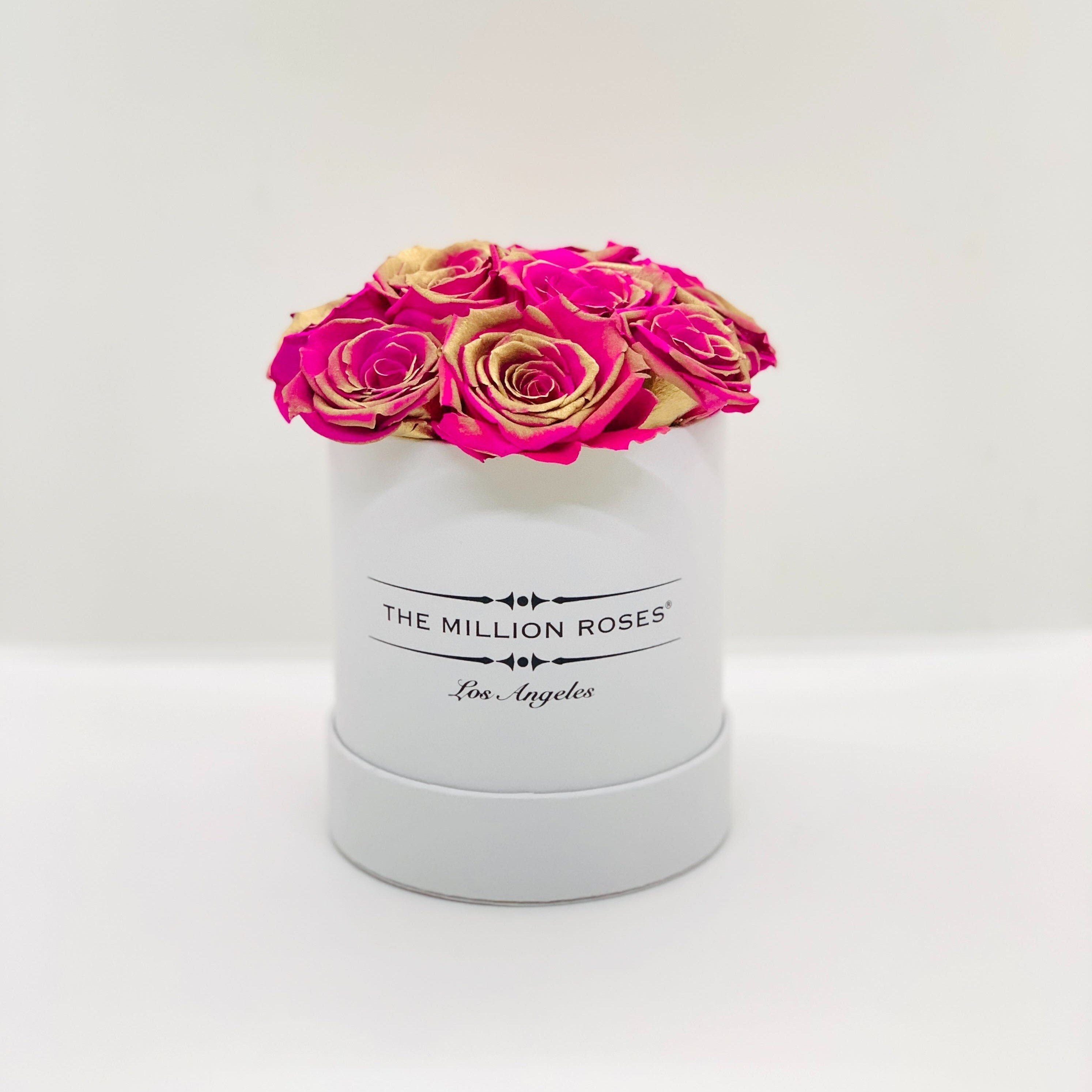 basic round box - white box - neon-pink/gold roses