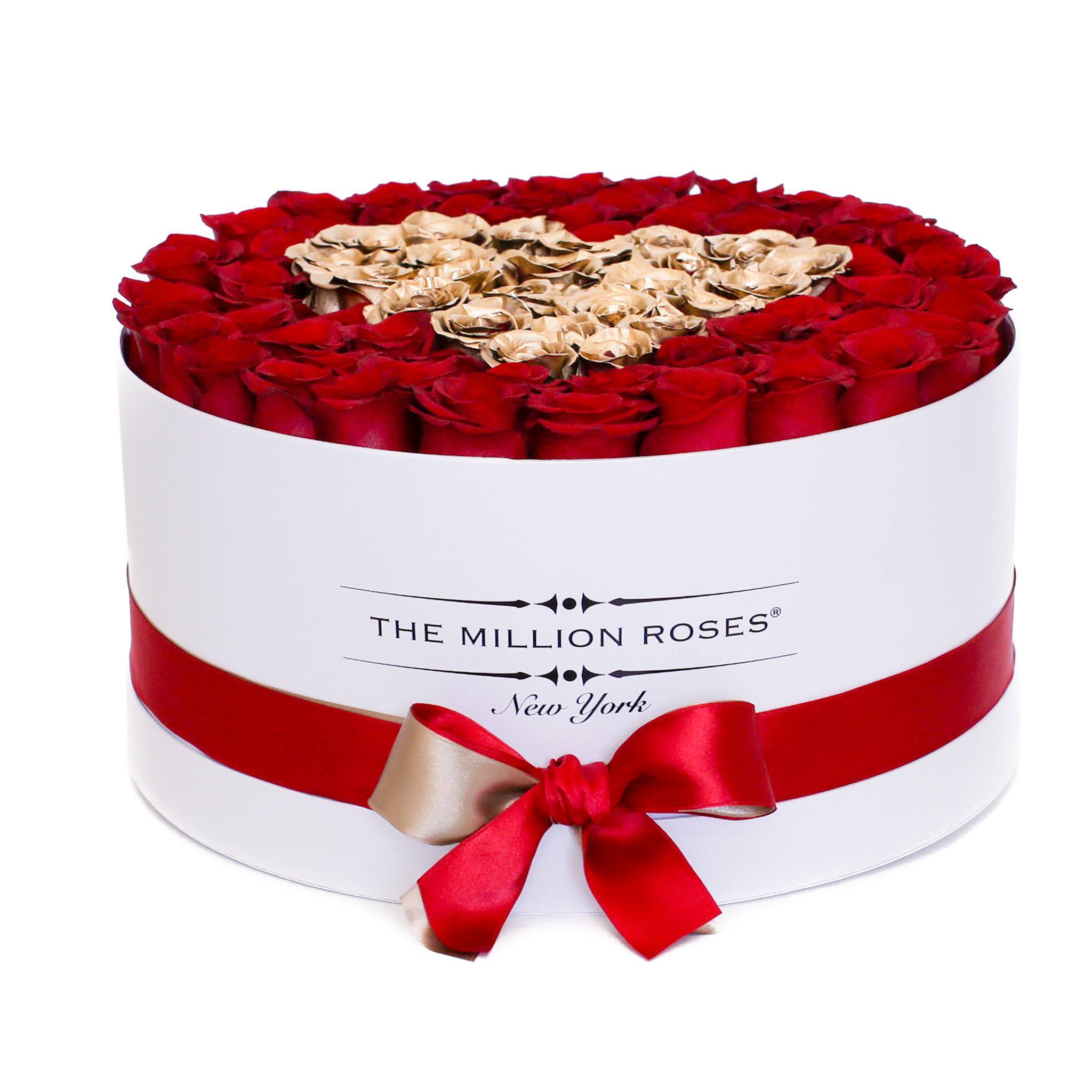 the million LARGE box - white - red&24k-gold (heart) ETERNITY roses mixed eternity roses - the million roses
