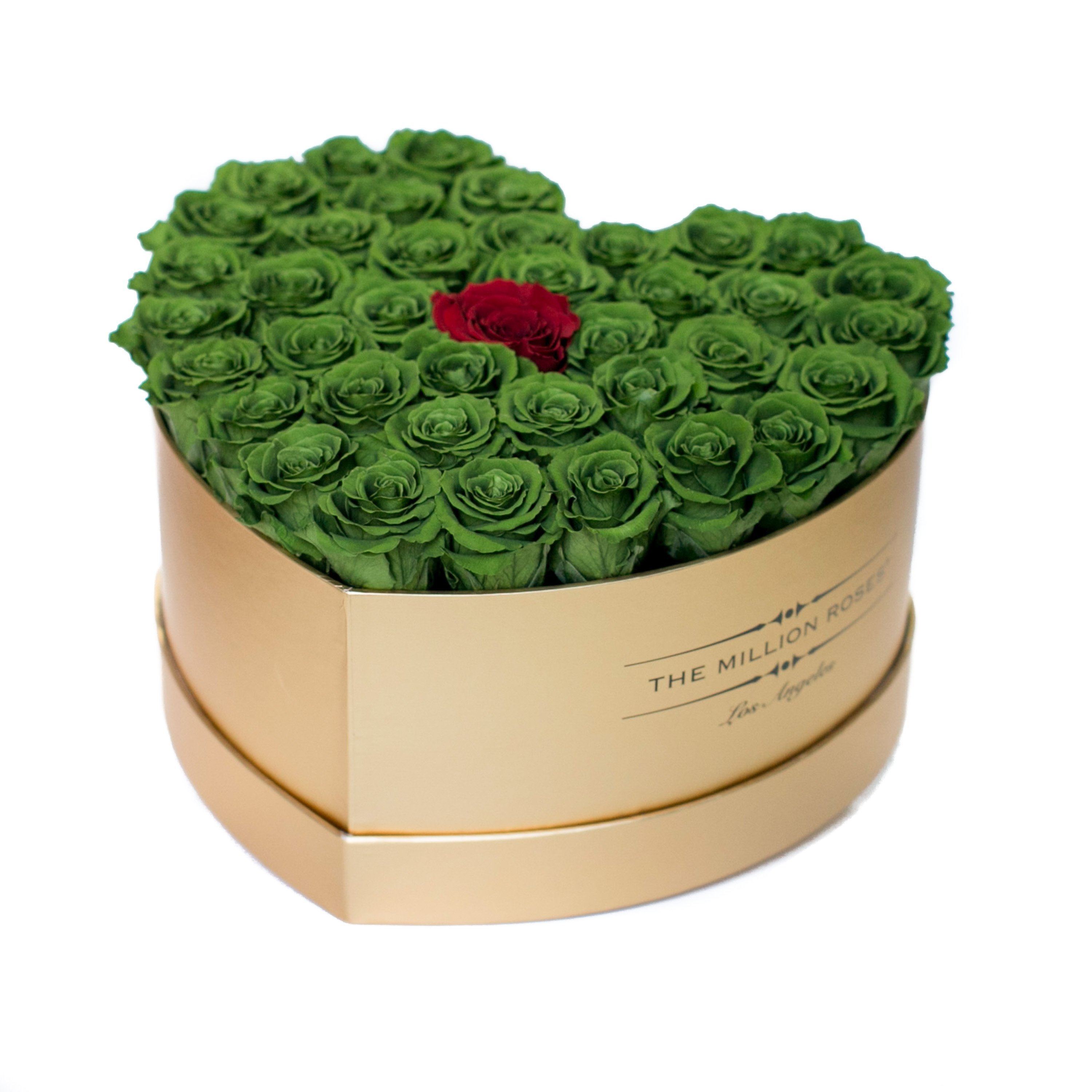 LOVE box - gold - emerald-green&red roses red eternity roses - the million roses