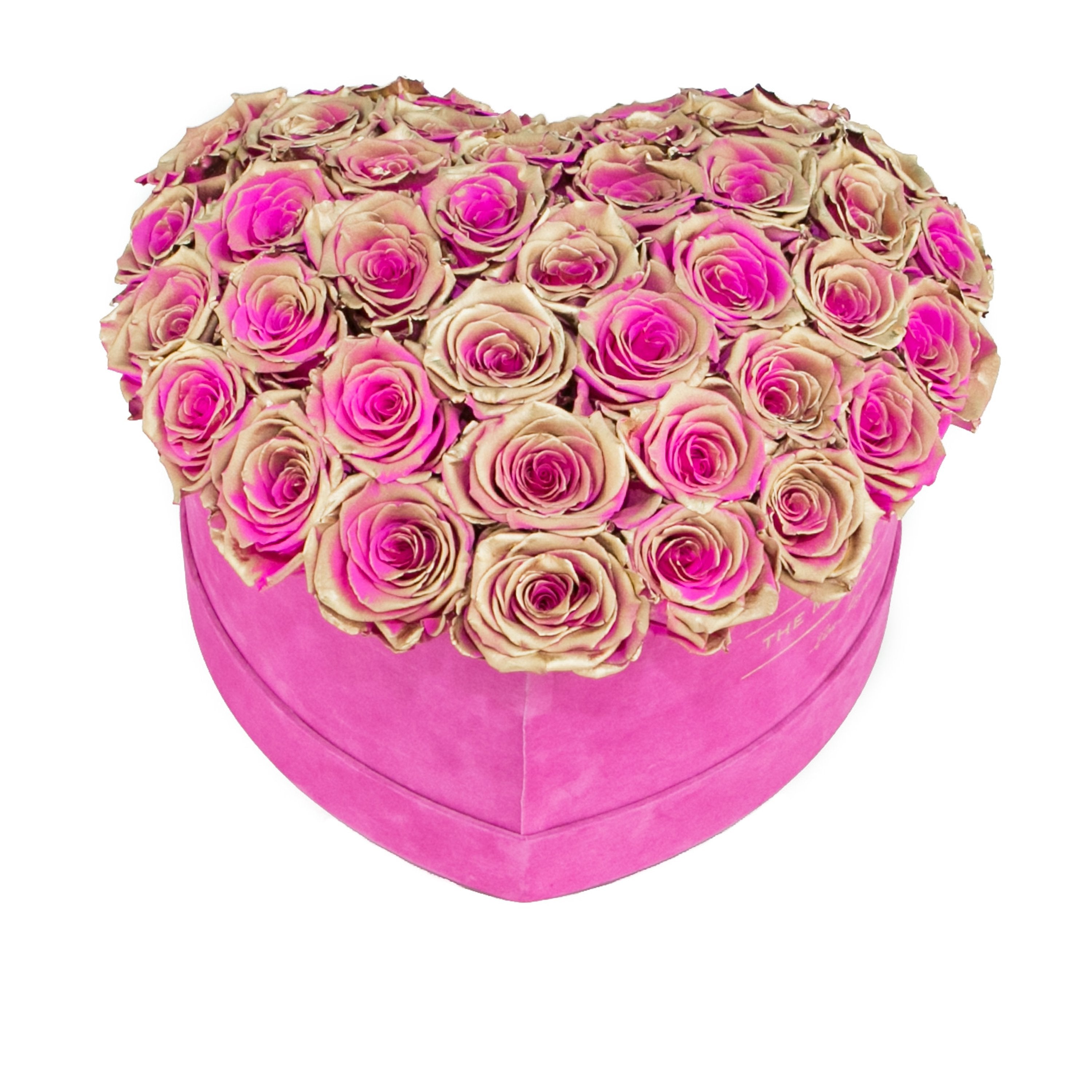 premium LOVE box - hot-pink suede box - neon-gold-pink roses (dome)