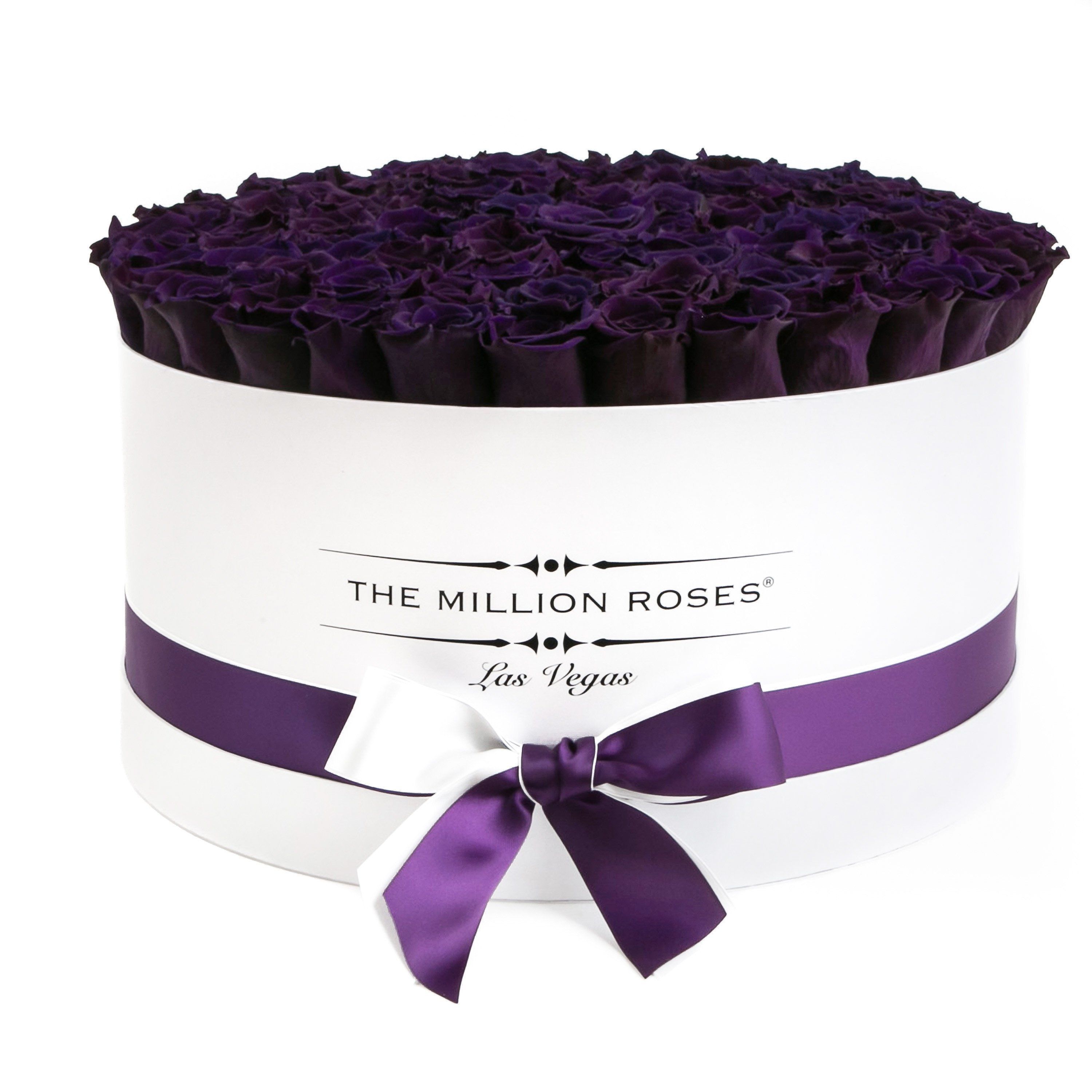 the million LARGE round box - white - dark-purple ETERNITY roses purple eternity roses - the million roses