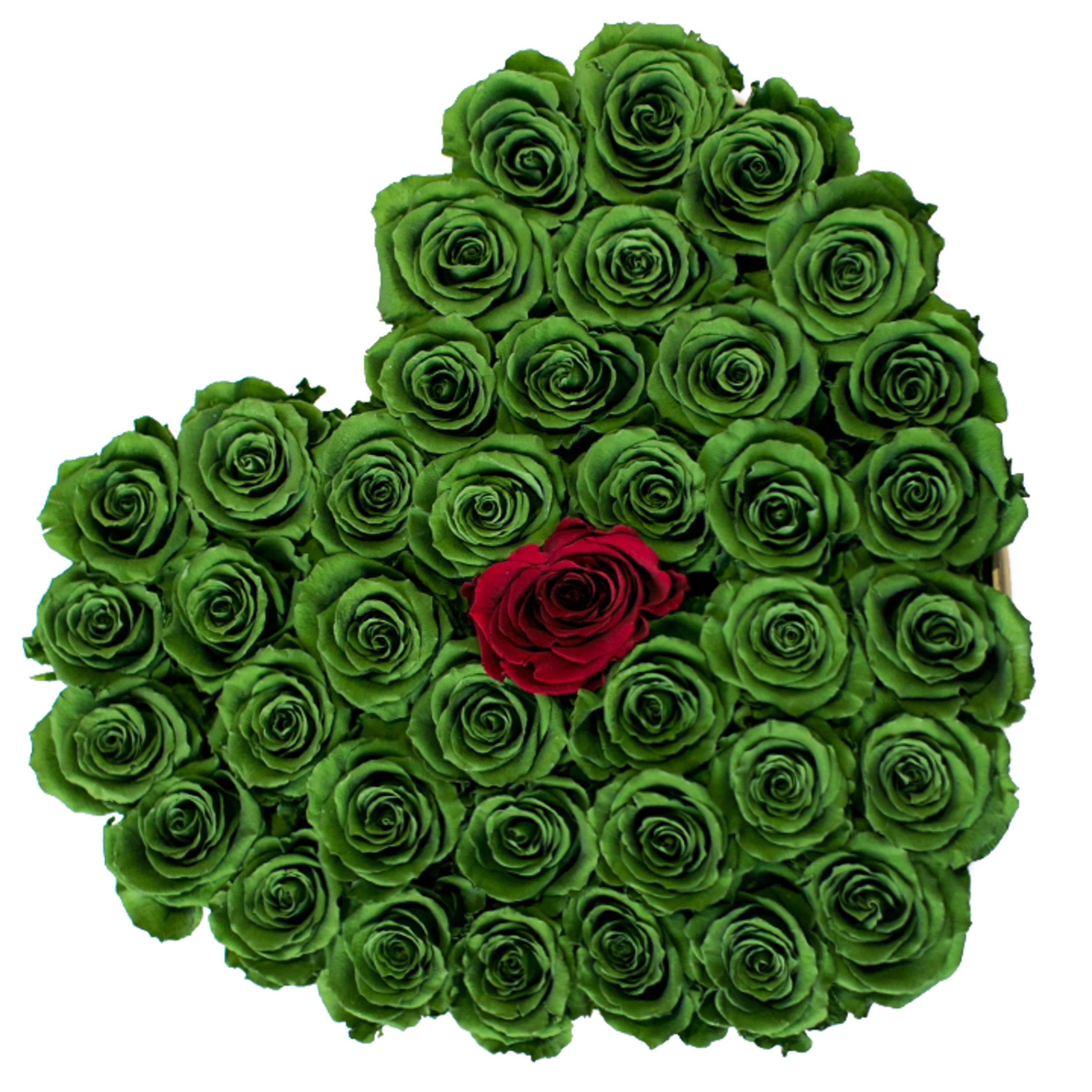 LOVE box - gold - emerald-green&red roses red eternity roses - the million roses