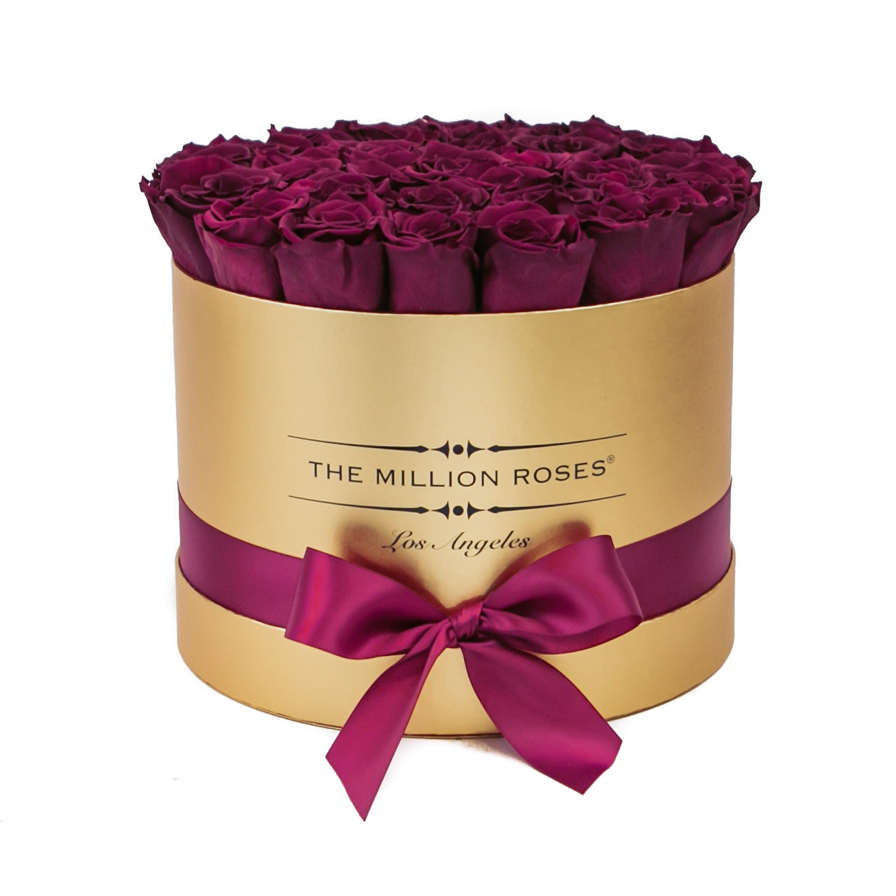 medium round box - gold - burgundy roses red eternity roses - the million roses