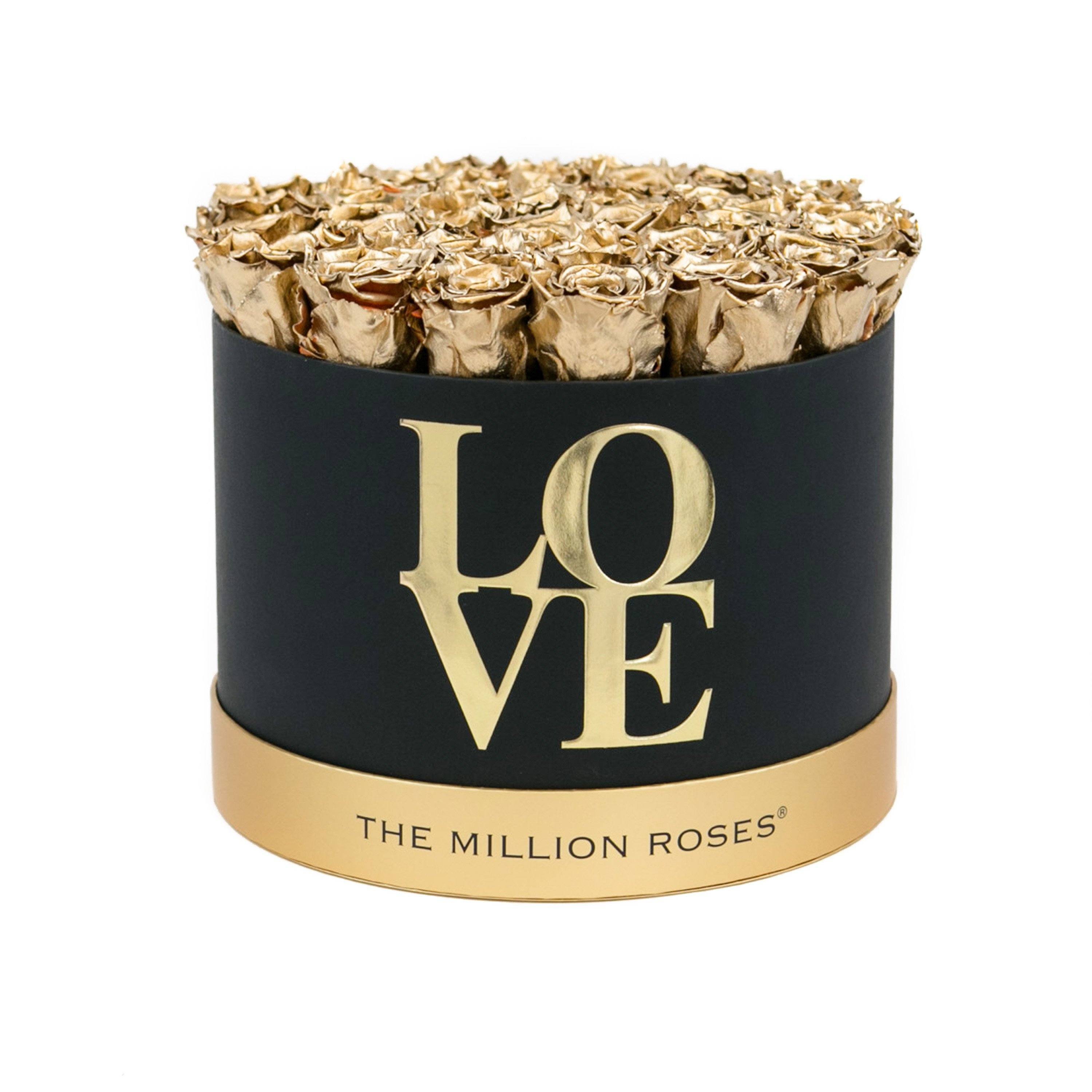 the million roses medium round box - "Love Collection" limited edition "LOVE" - GOLD ROSES gold eternity roses - the million roses