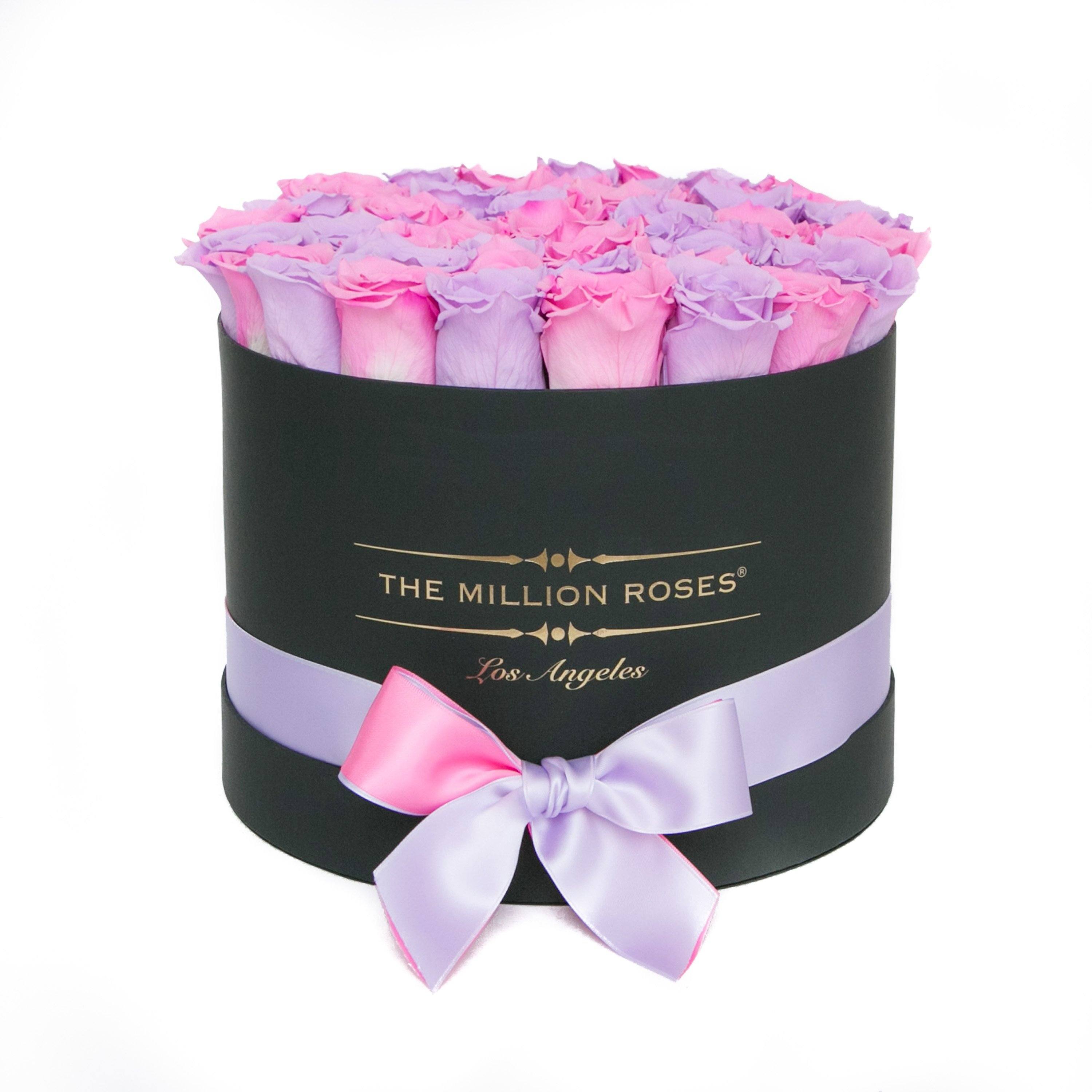 medium round box - black - lavender&pink-candy roses mixed eternity roses - the million roses