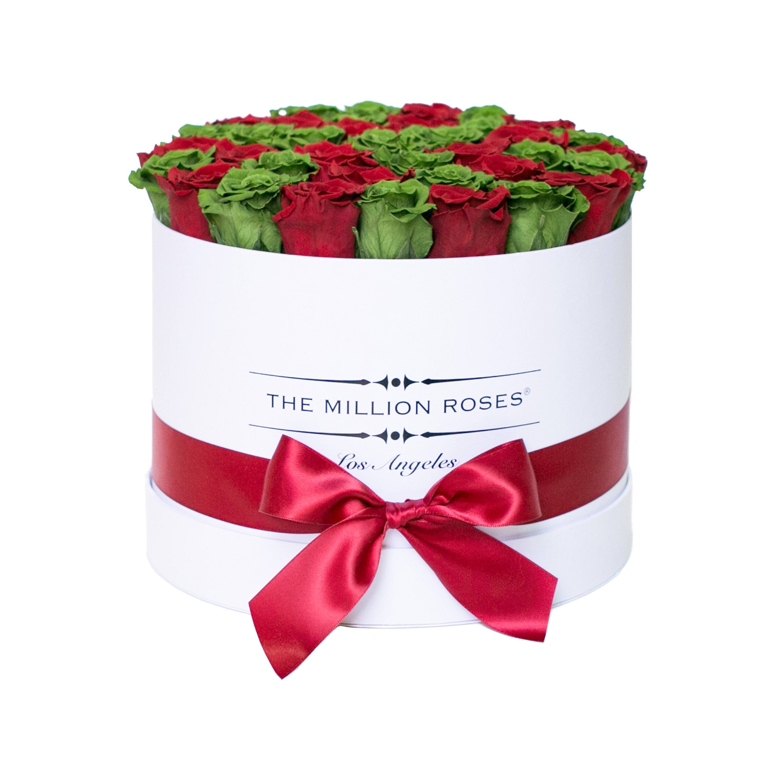 medium round box - white - emerald-green&red roses red eternity roses - the million roses