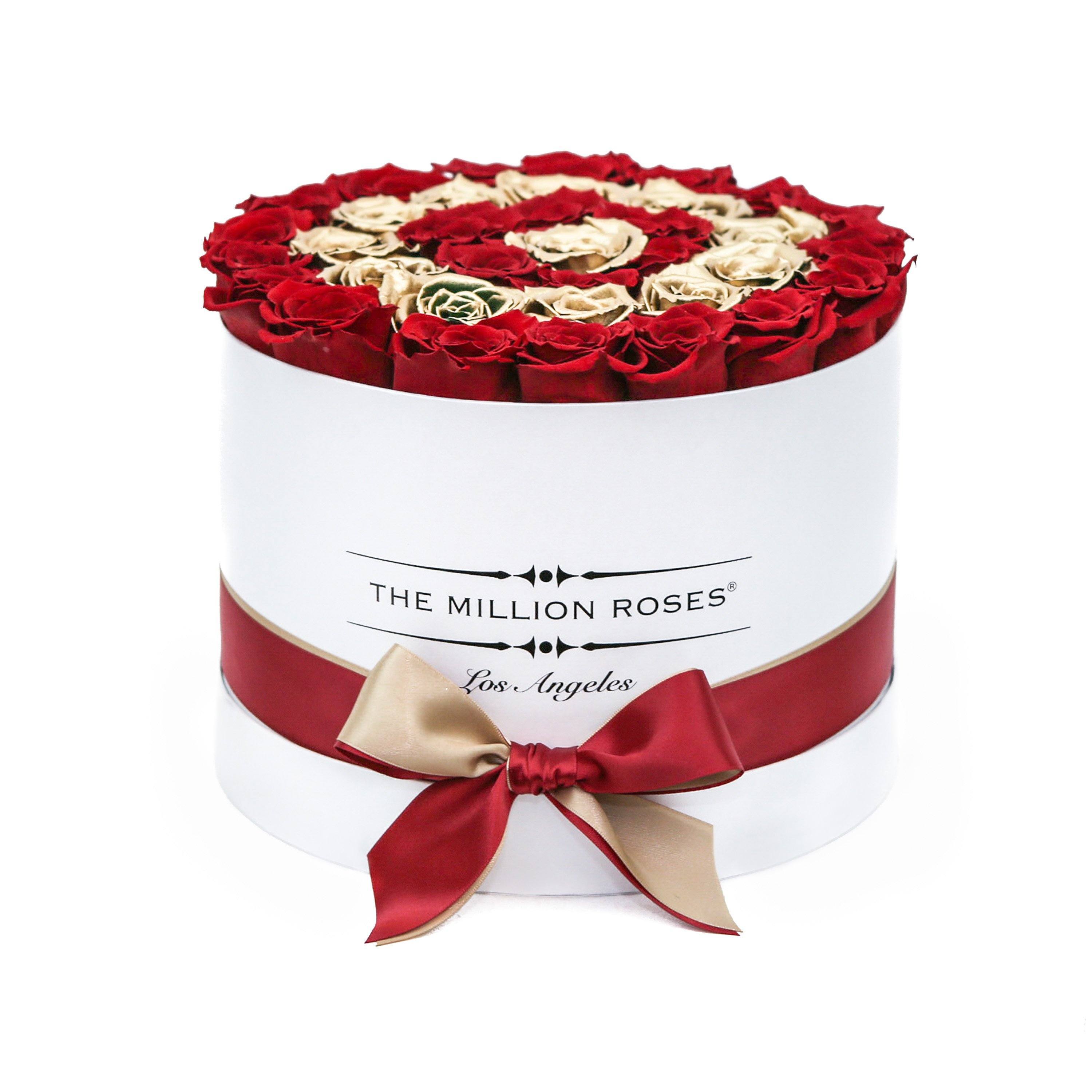 medium round box -white - red&24k-gold (target) roses gold eternity roses - the million roses