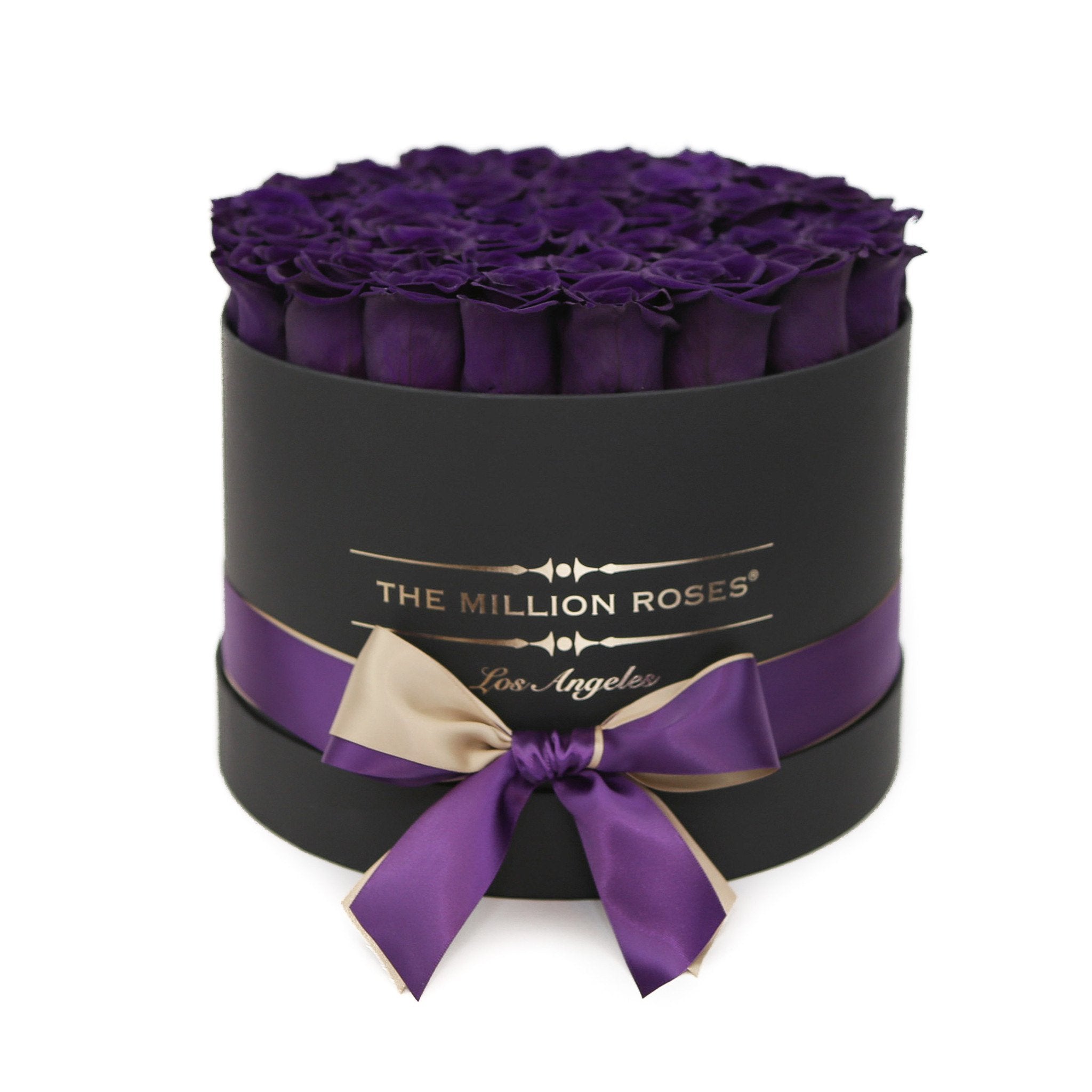 medium round box - black - dark purple roses purple eternity roses - the million roses