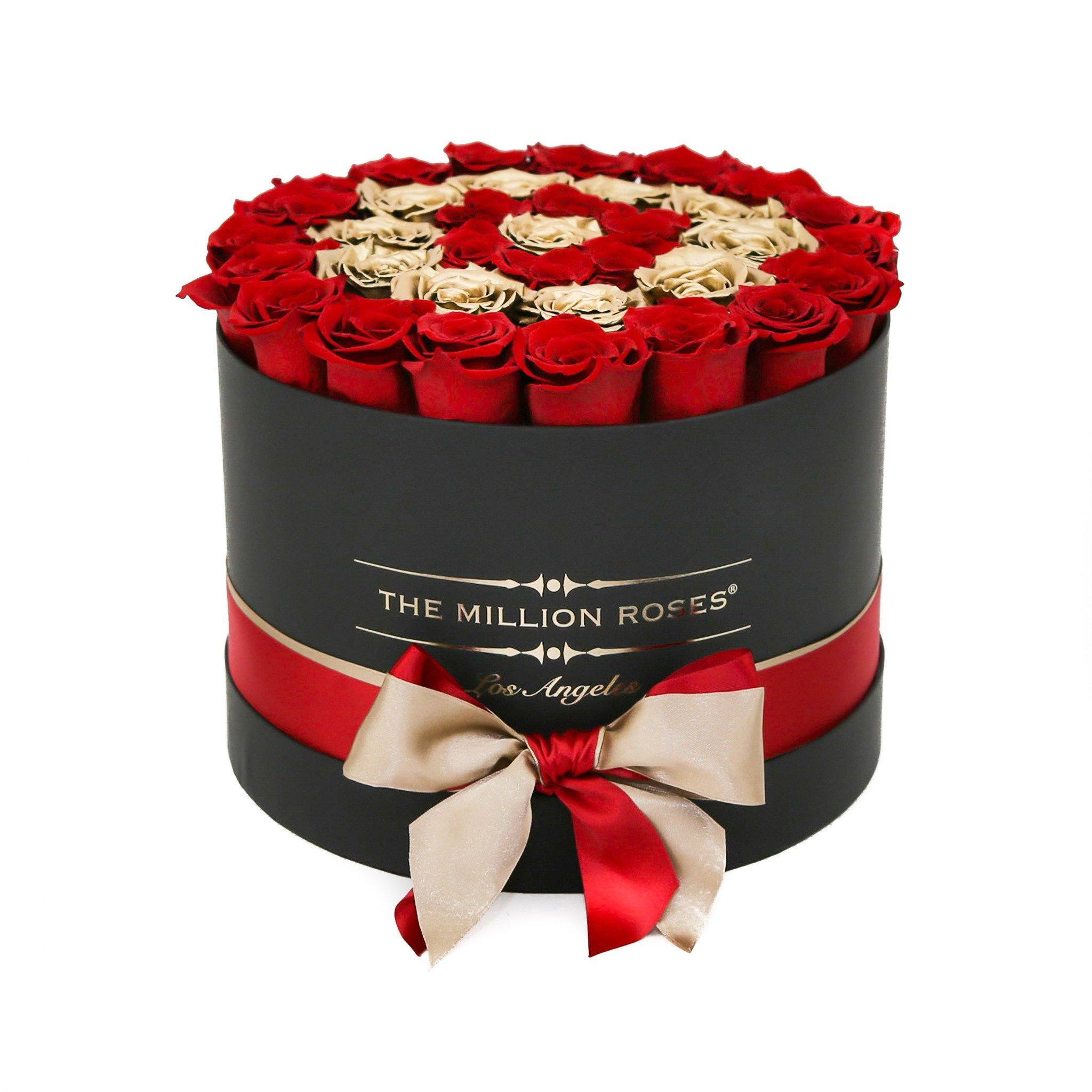 medium round box - black - red&24k-gold (target) roses gold eternity roses - the million roses