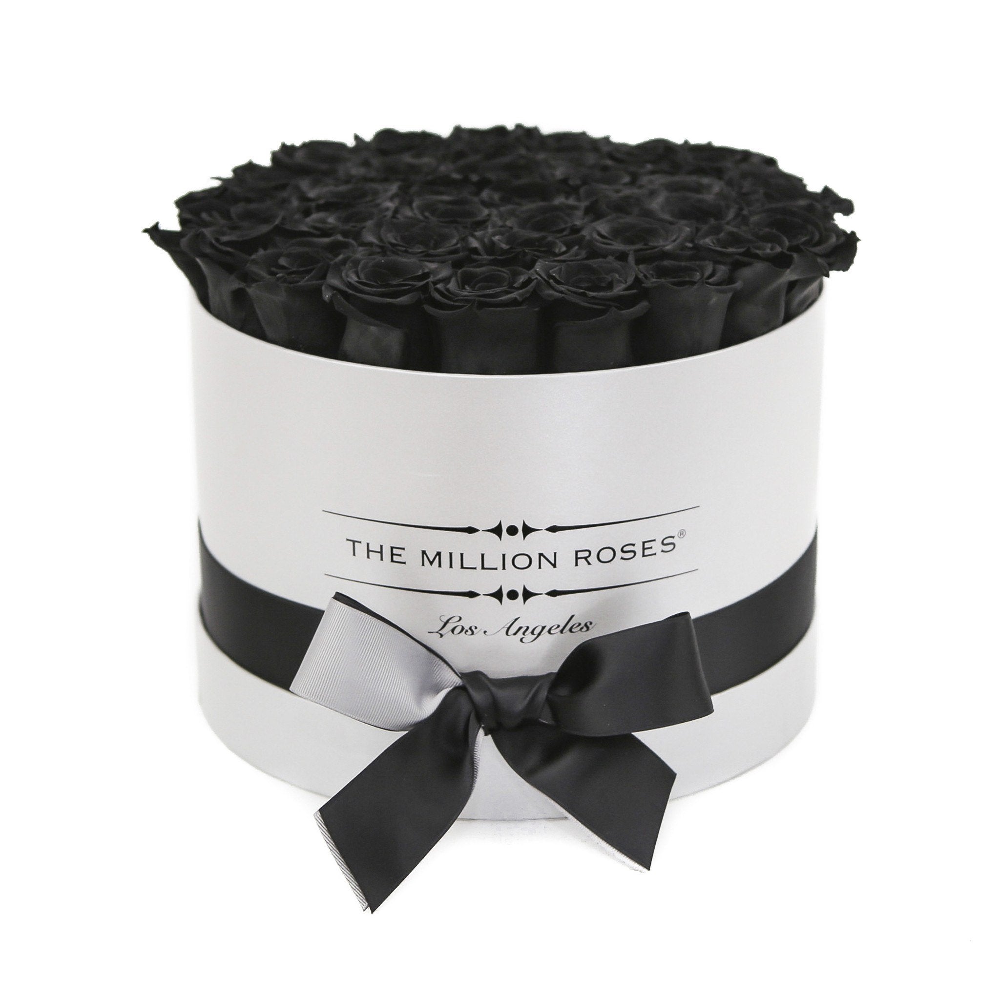 medium round box - white - black roses black eternity roses - the million roses
