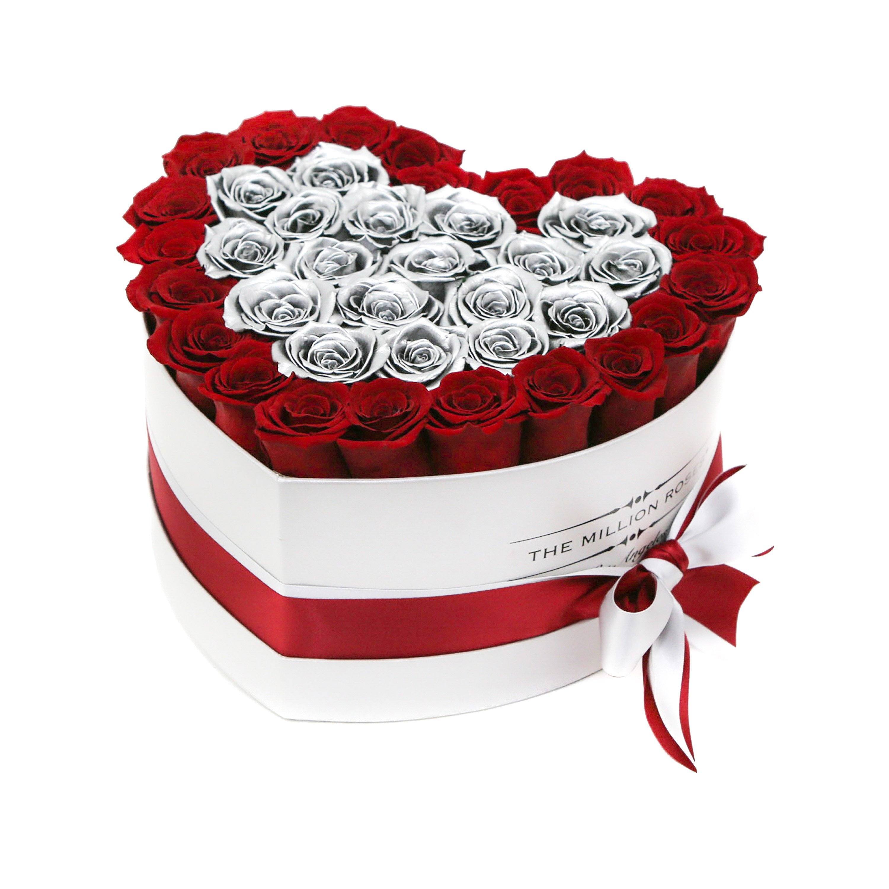 LOVE box - white - red&silver roses silver eternity roses - the million roses