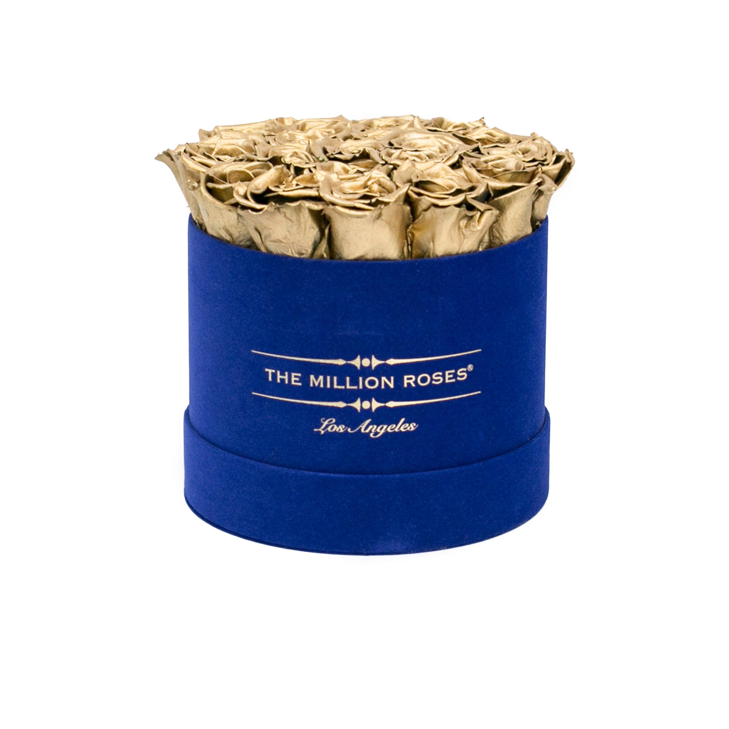 classic round box - royal-blue suede box gold eternity roses - the million roses