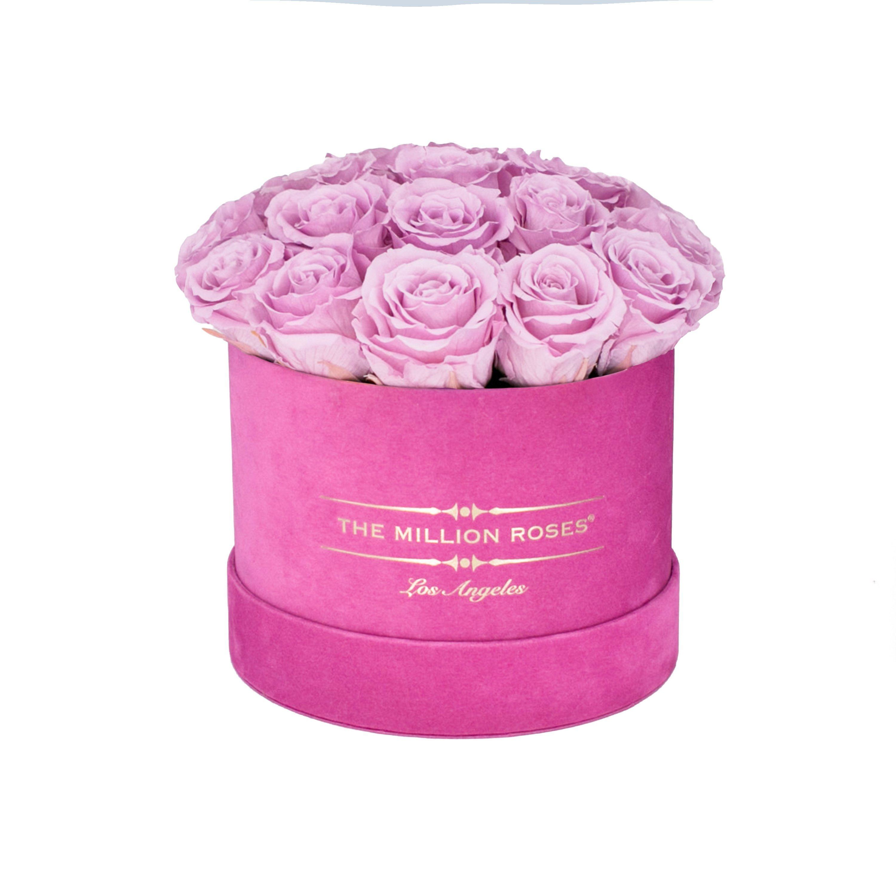 classic round box - hot-pink suede box - light-pink roses pink eternity roses - the million roses