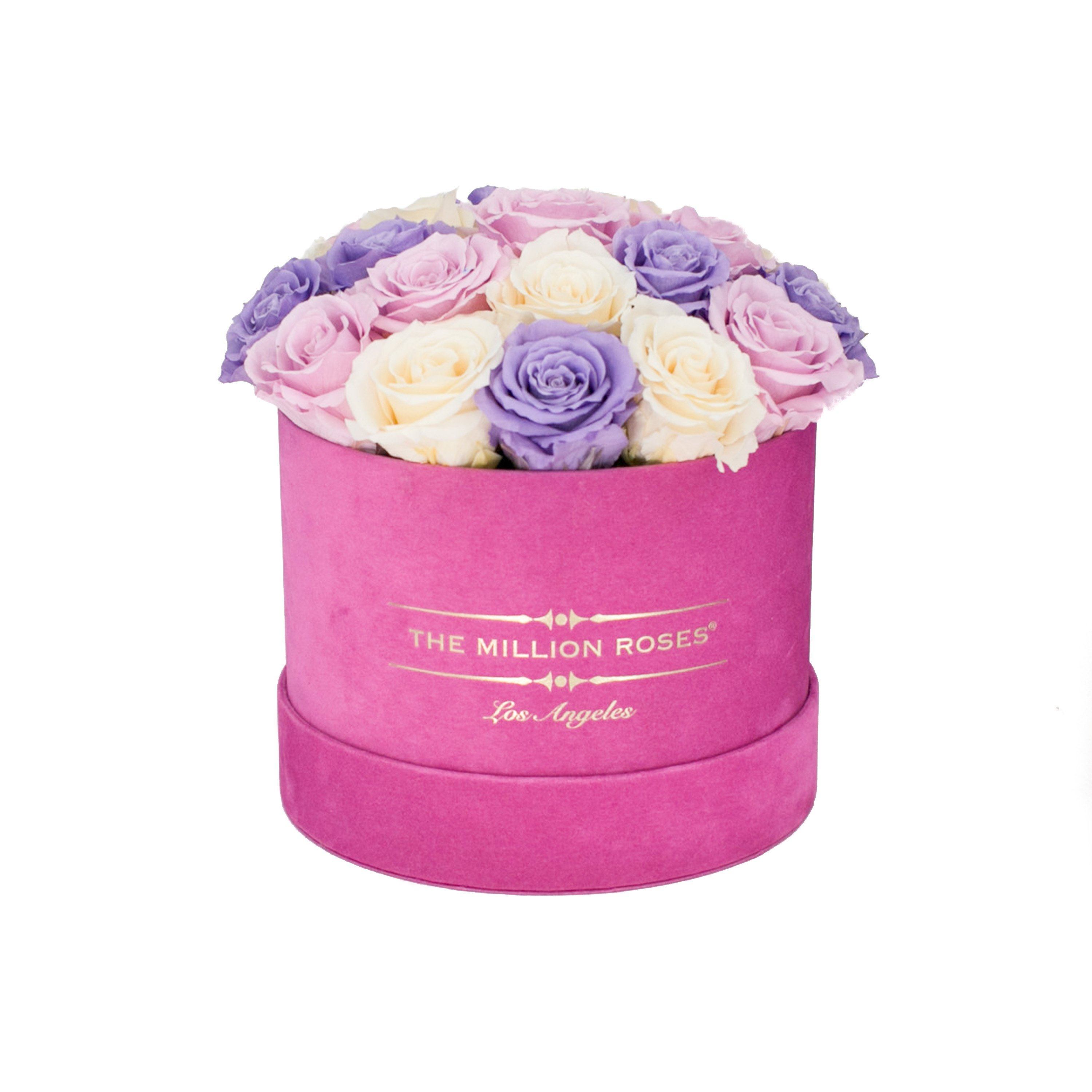 classic round box - hot-pink suede box - violet/ivory/pink roses violet eternity roses - the million roses