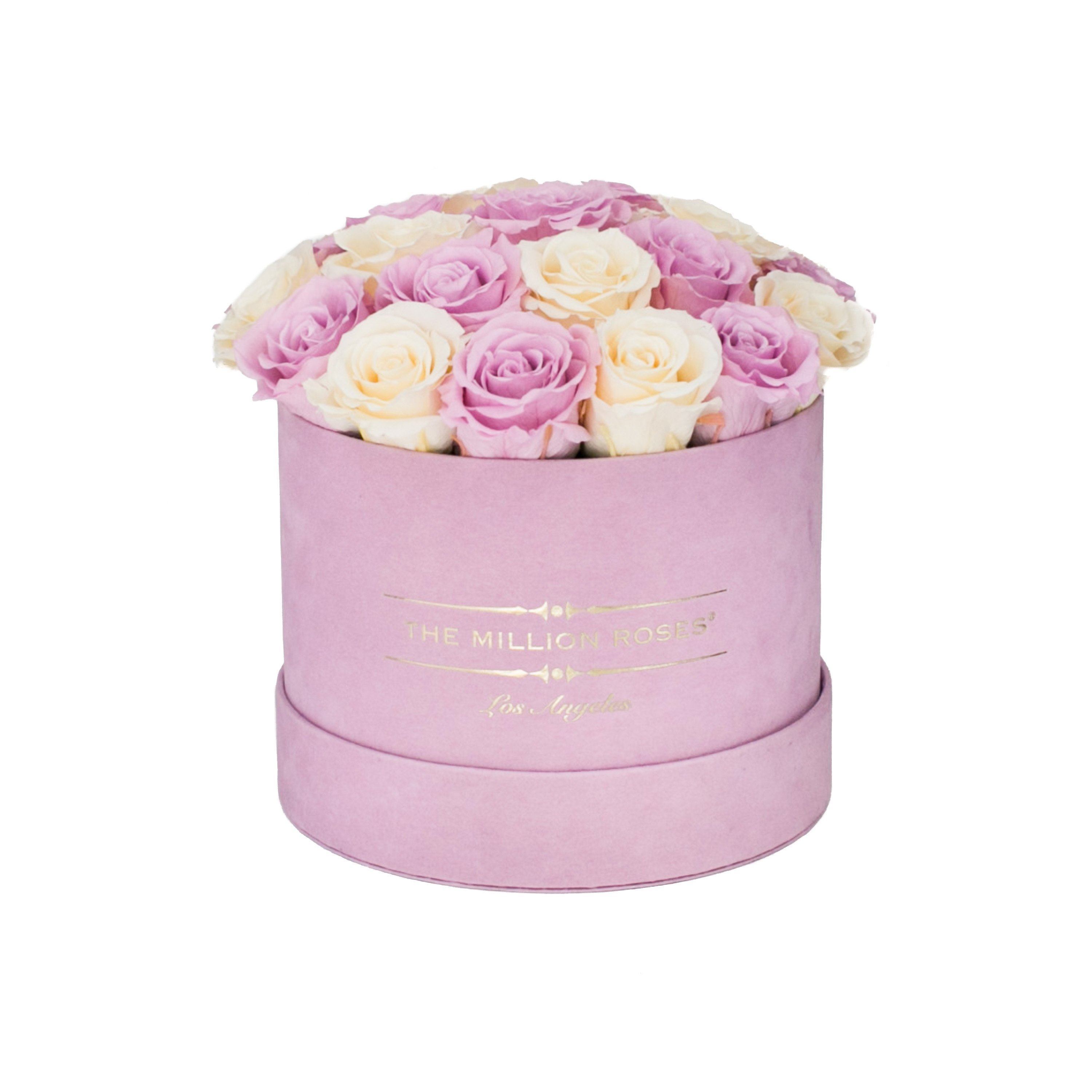 classic round box - light-pink suede box - white/pink roses pink eternity roses - the million roses