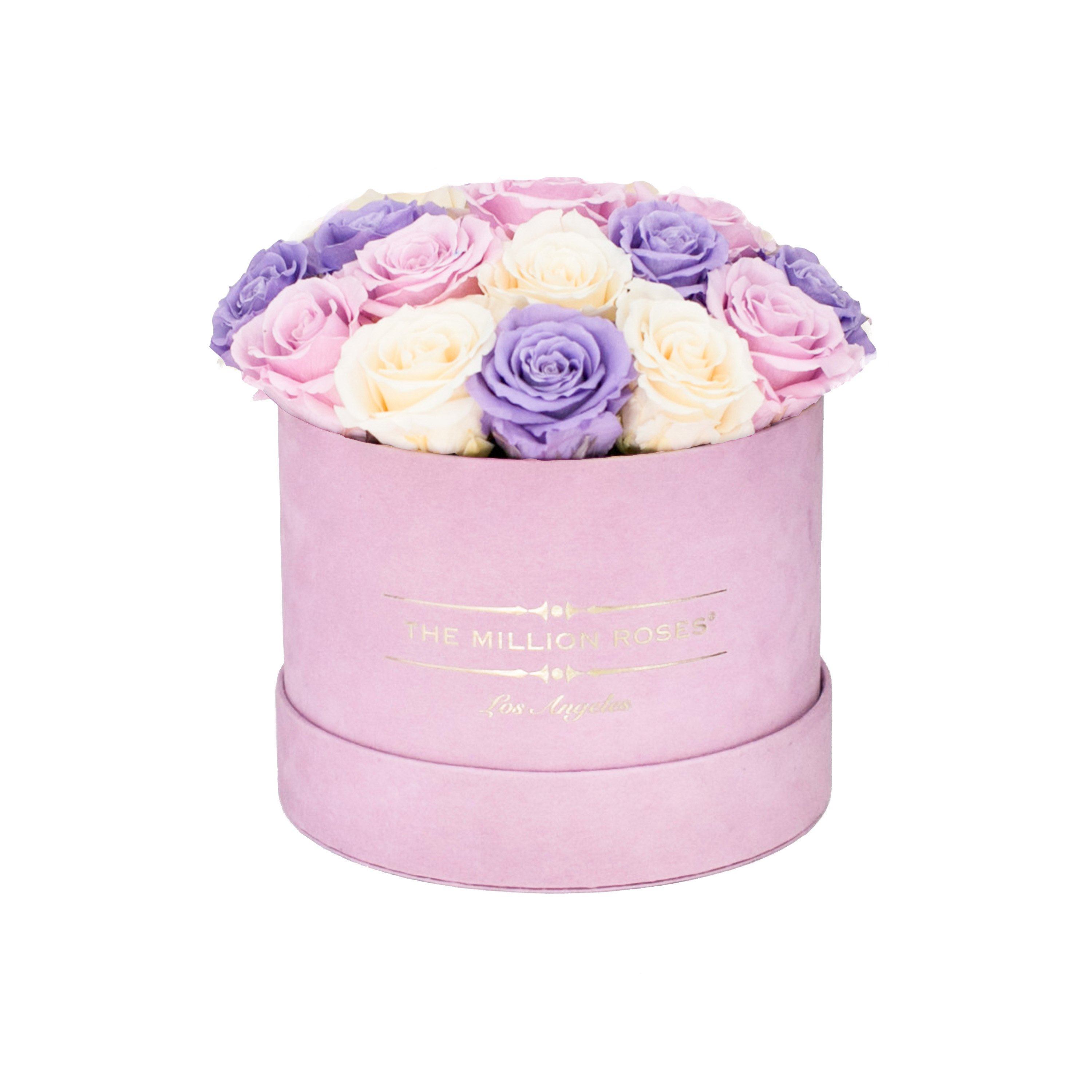 classic round box - light-pink suede box - violet/ivory/pink roses violet eternity roses - the million roses