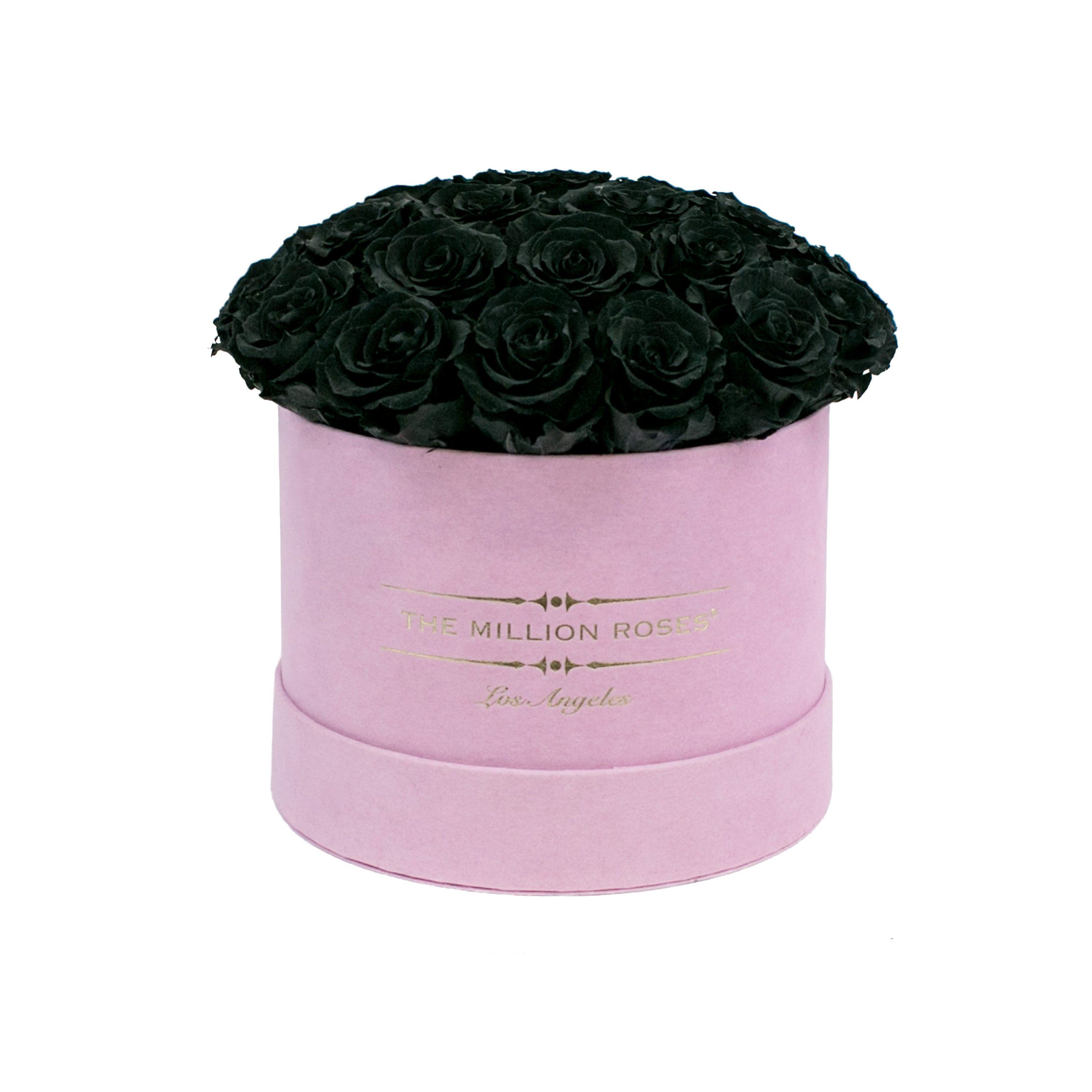 classic round box - light-pink suede box - black roses ( dome ) black eternity roses - the million roses