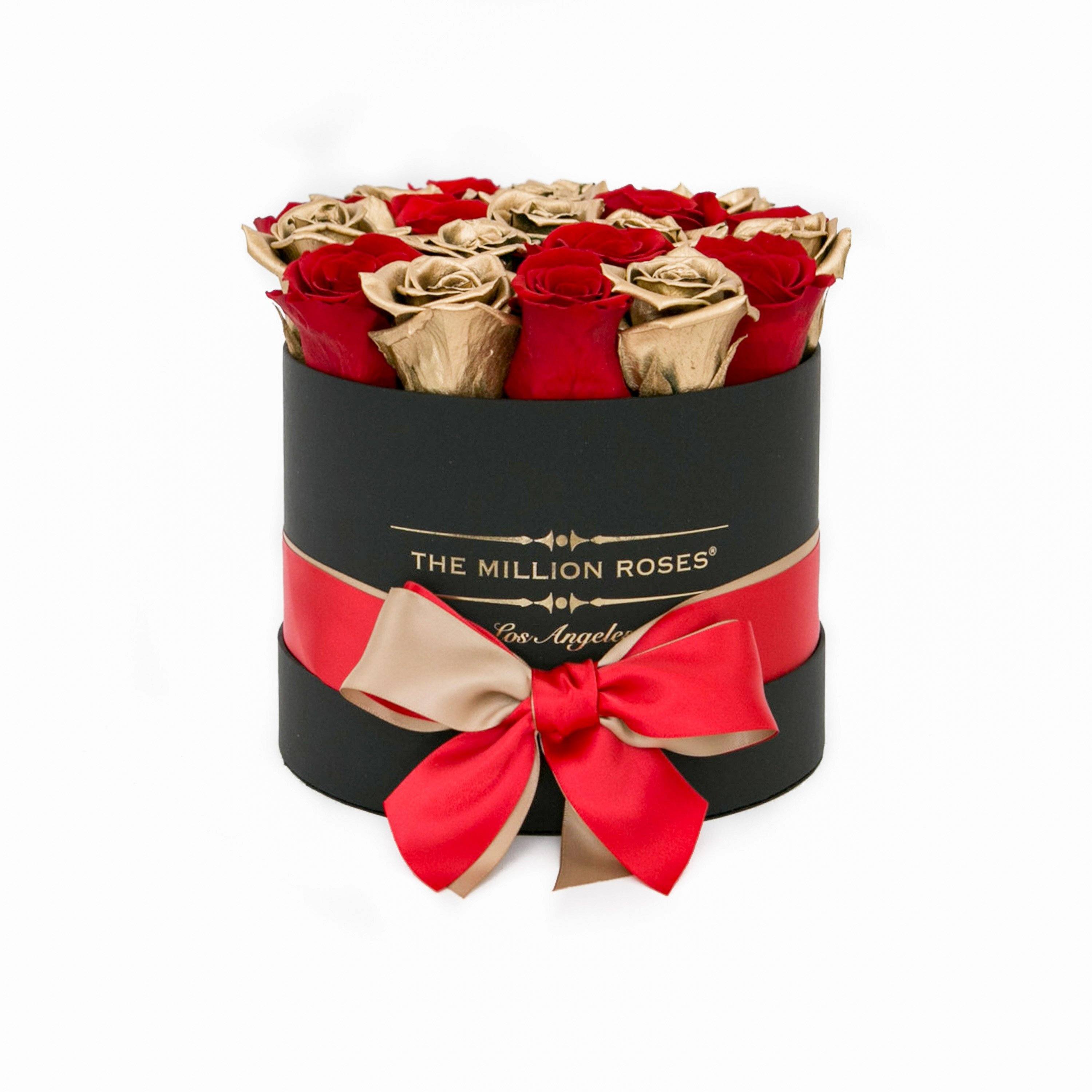classic round box - black - red&gold roses mixed eternity roses - the million roses