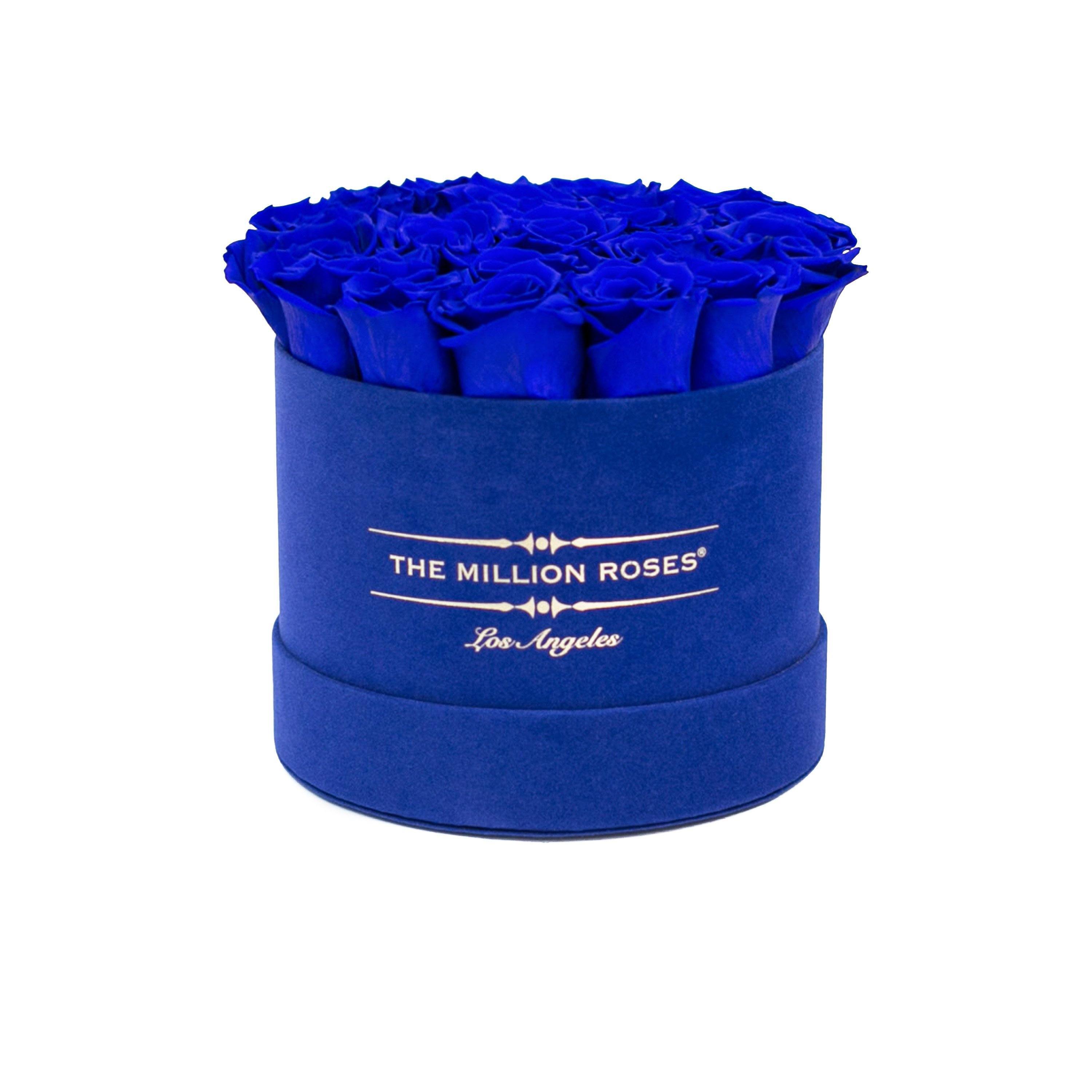 classic round box - royal-blue suede box - royal-blue roses with sparkle effect blue eternity roses - the million roses