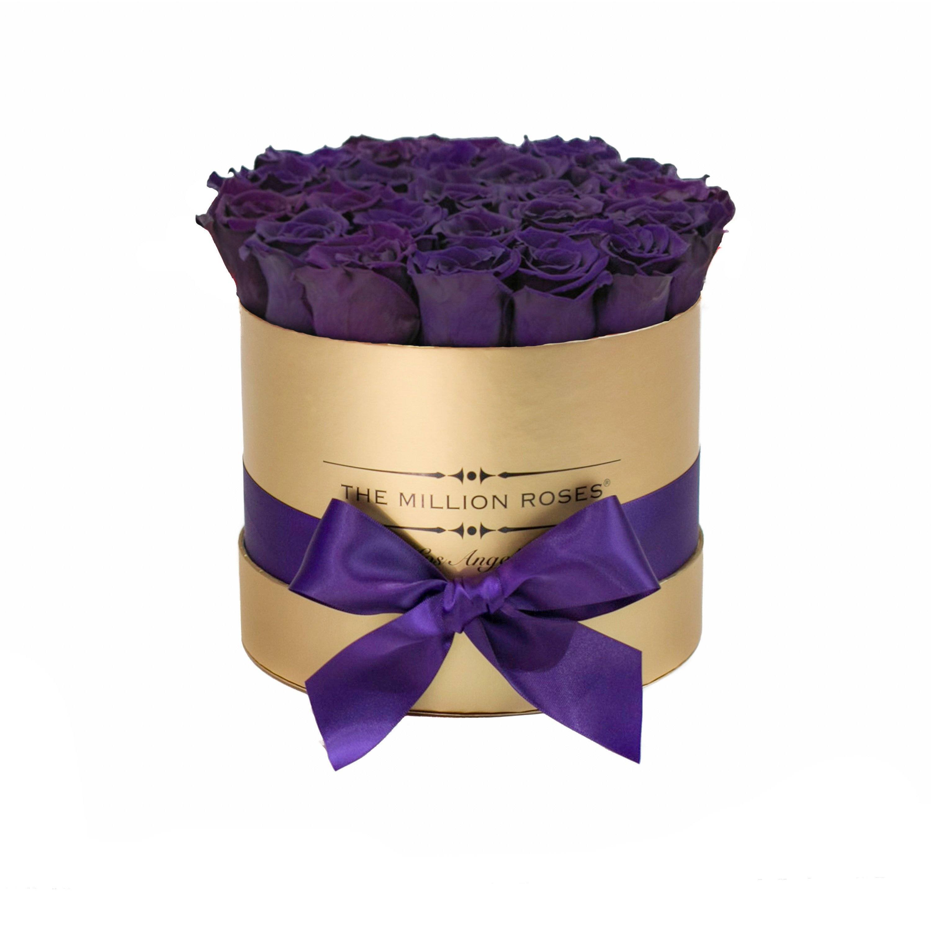 classic round box - gold - dark-purple roses purple eternity roses - the million roses